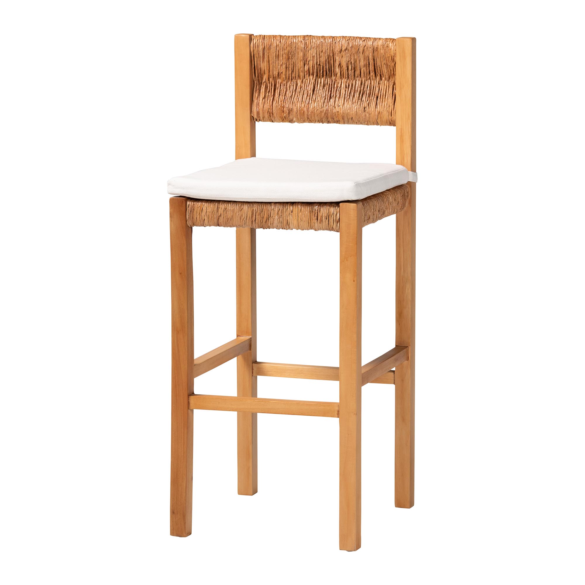 bali & pari Pava Woven Seagrass Bar Stool - Solid Mahogany Wood Stool with Textured Back, Coastal Boho Seating for Kitchen or Lounge, Bar Height