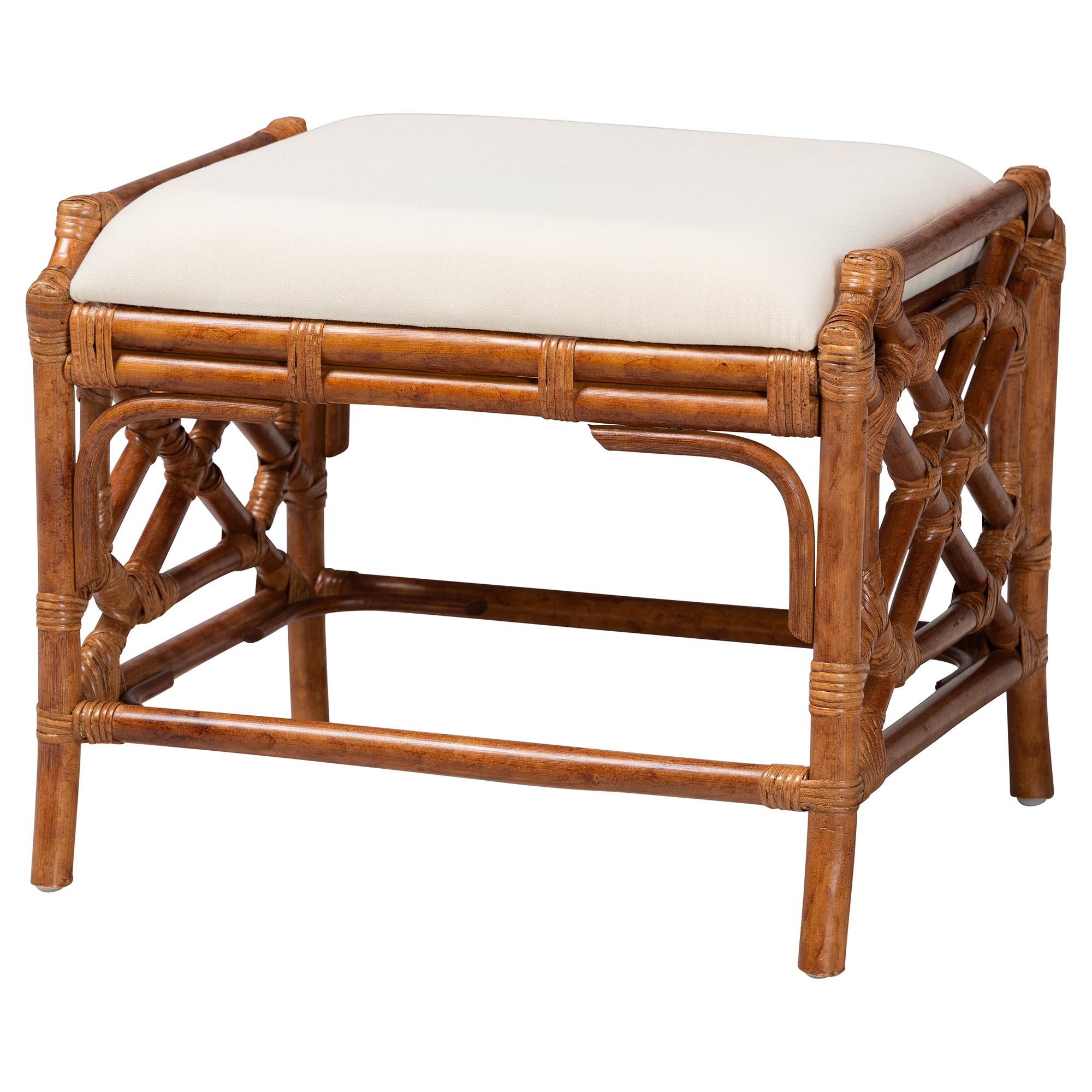 bali & pari Morley Marbled Tortoise Natural Rattan Ottoman - Handcrafted Accent Footstool with Decorative Frame, Coastal Tropical Style for Living Room