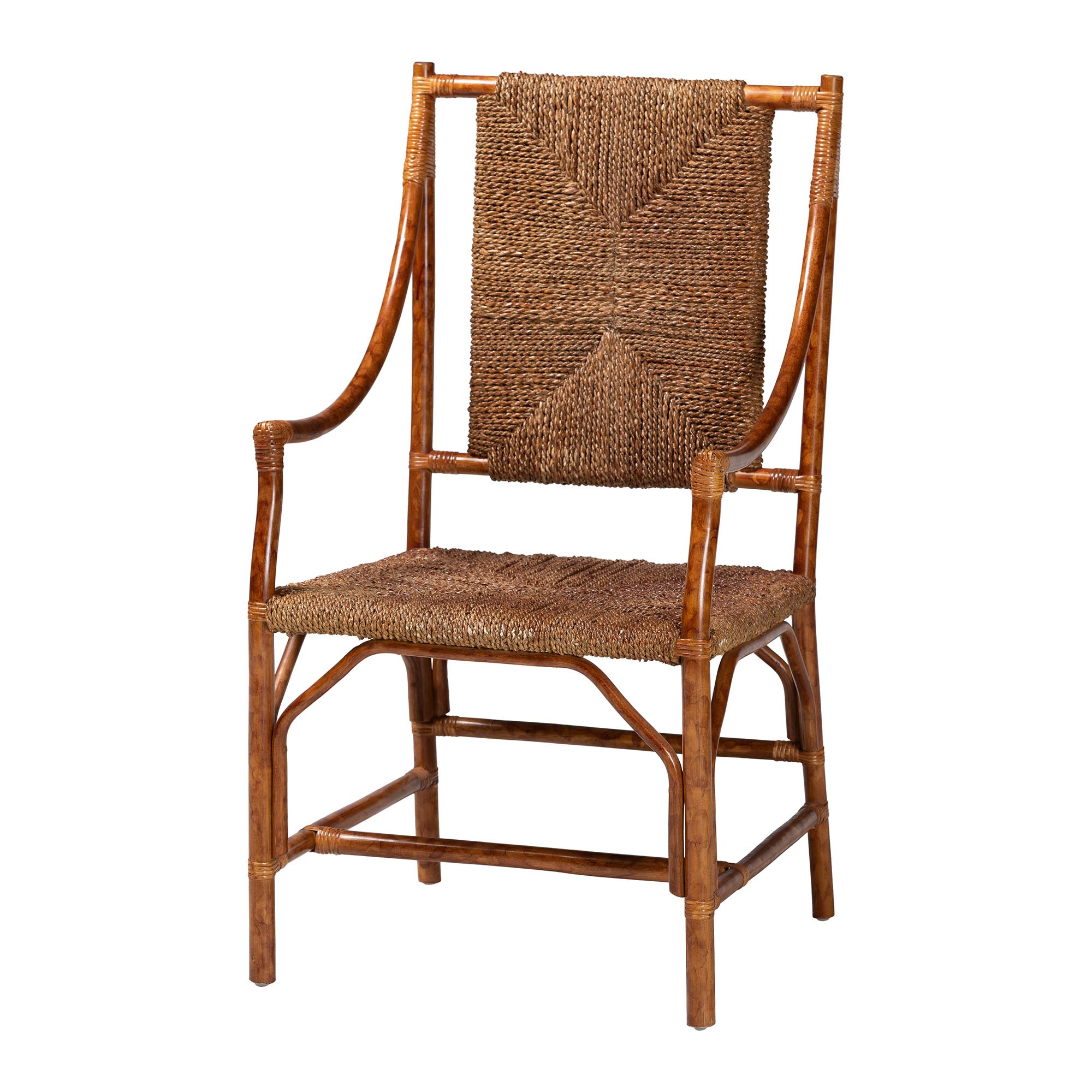 bali & pari Ramos Marbled Tortoise Natural Rattan and Seagrass Armchair - Handwoven Wicker Chair, Rustic Boho Accent Seating for Living Room or Lounge