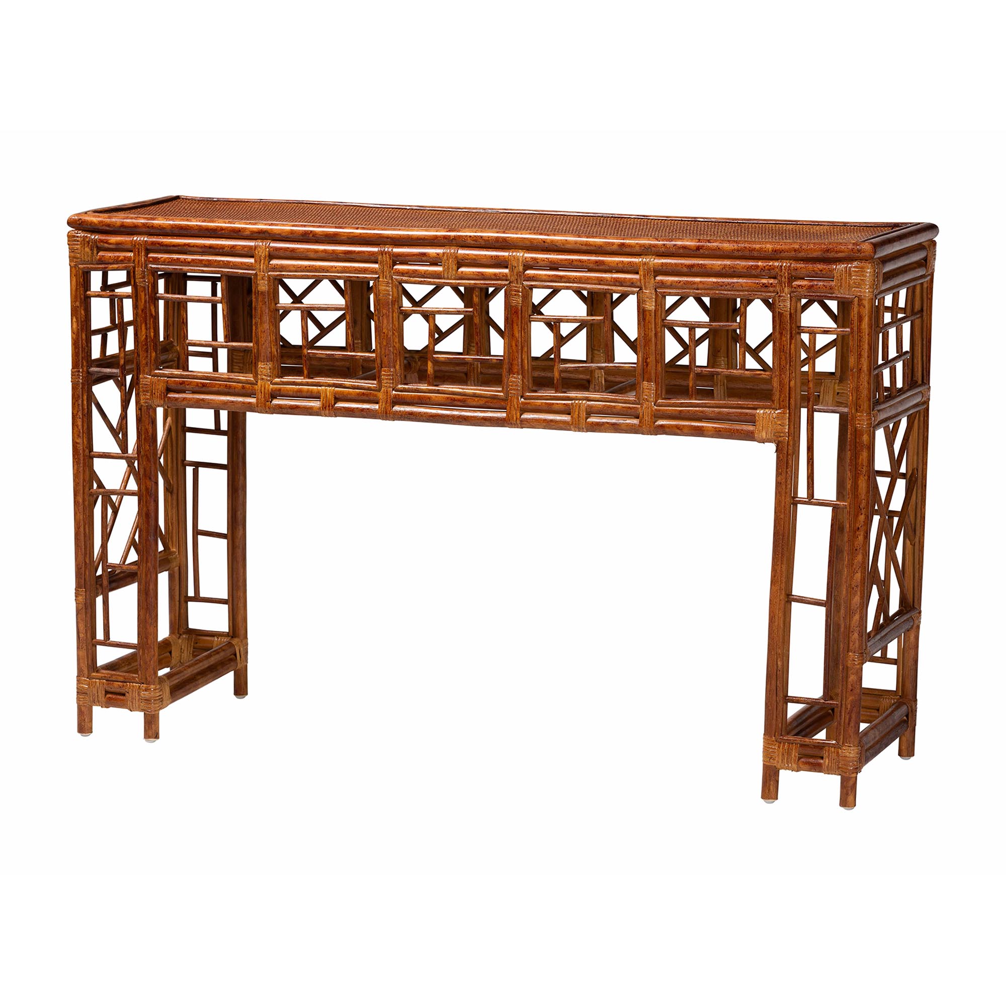 bali & pari Wahid Marbled Tortoise Natural Rattan Console Table - Handcrafted Wicker Accent Table with Coastal Boho Style for Entryway or Living Room