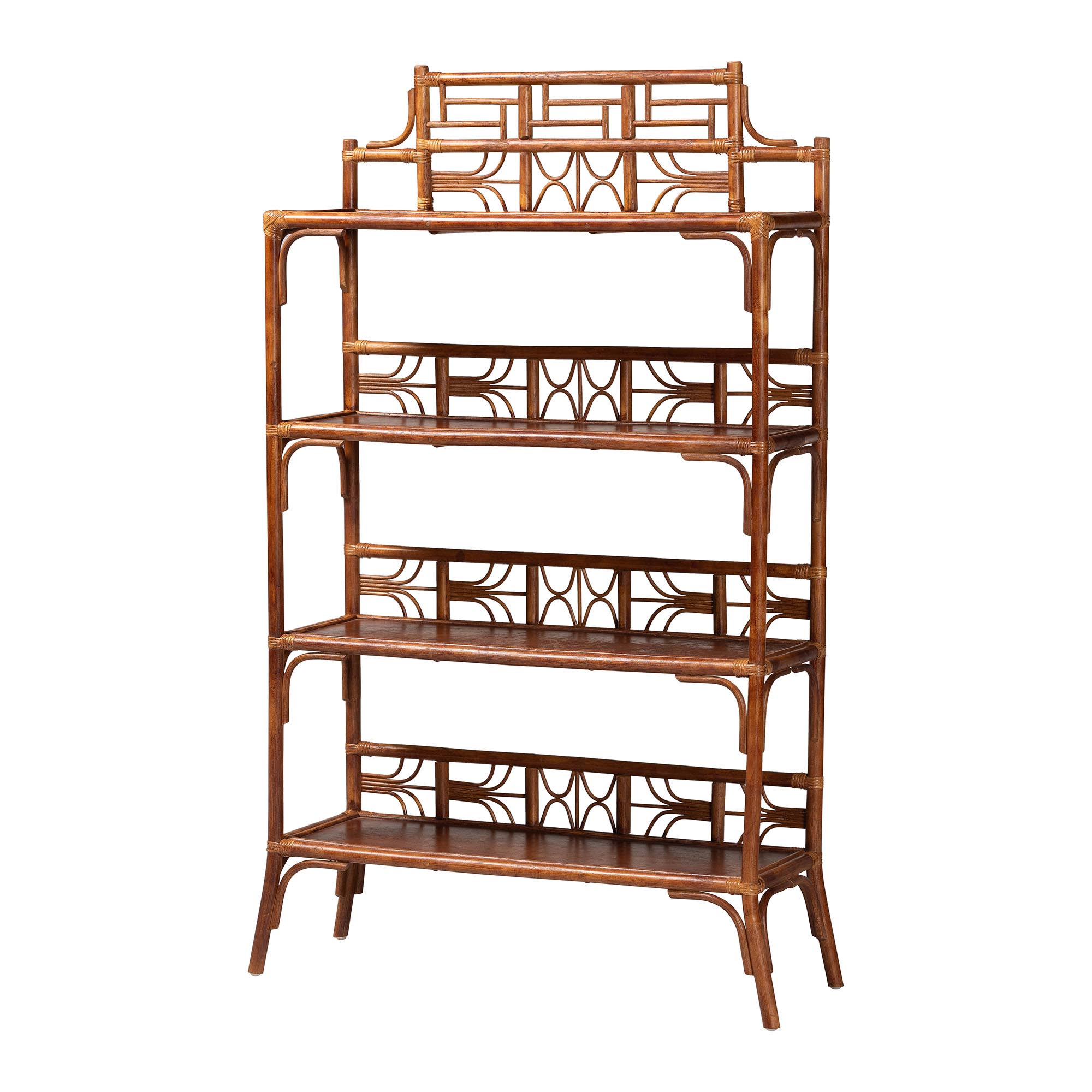 bali & pari Aleya Marbled Tortoise Natural Rattan Display Shelf - 4-Tier Handcrafted Wicker Etagere with Openwork Frame, Tropical Bookcase for Living Room or Entryway