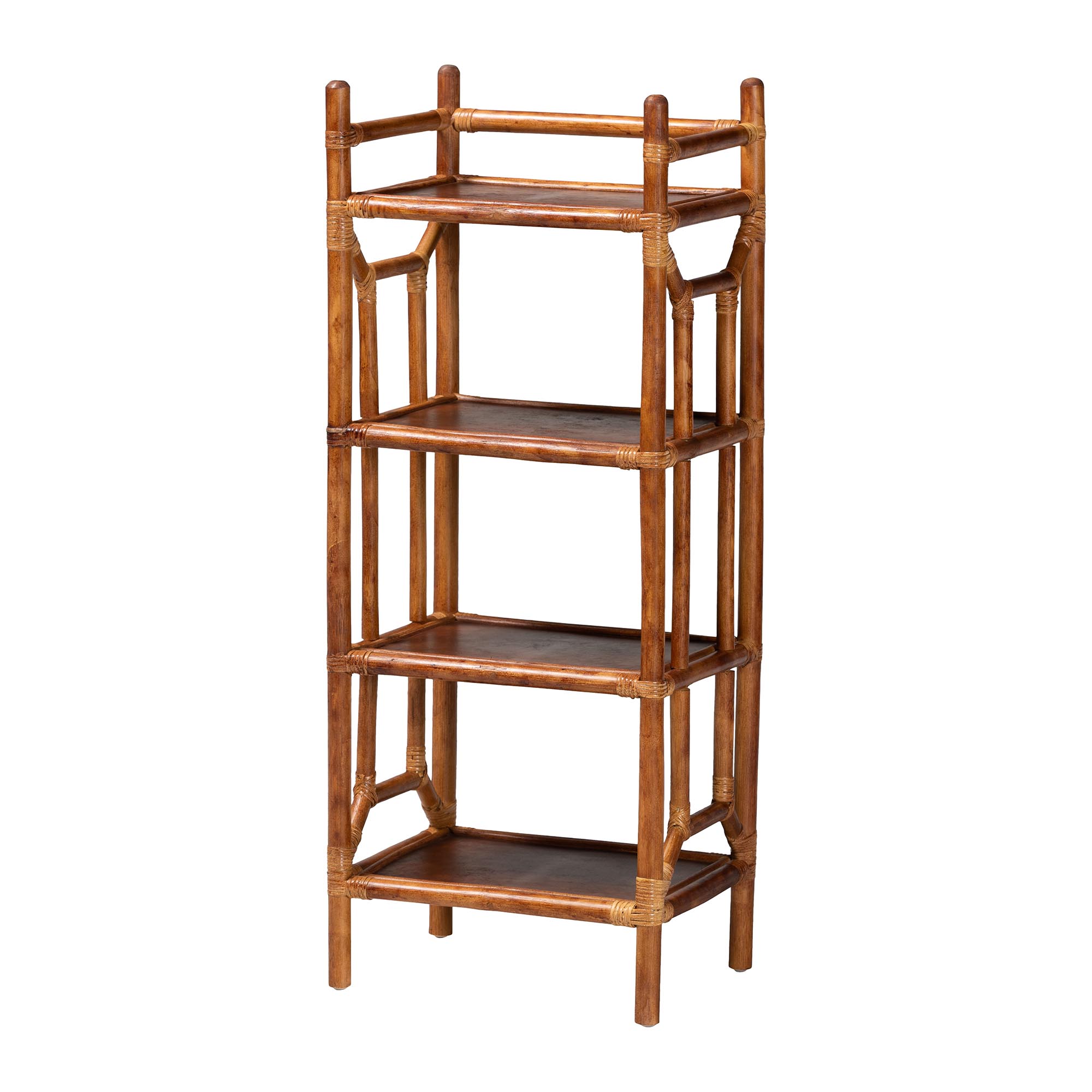 bali & pari Basile Marbled Tortoise Natural Rattan Display Shelf - 4-Tier Handcrafted Wicker Etagere, Tropical Vertical Bookcase for Living Room or Entryway