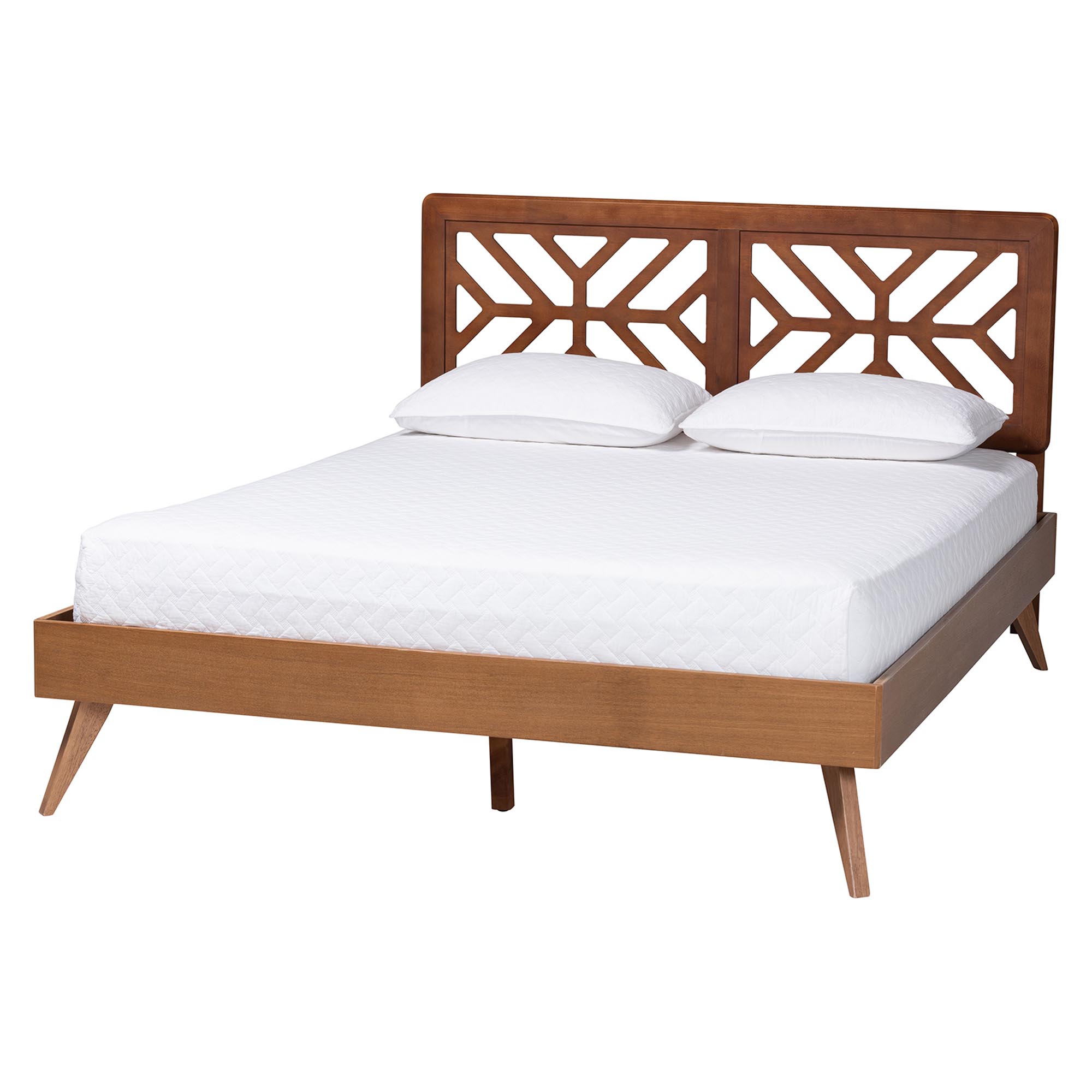 Baxton Studio Kirabo Platform Bed - Mid-Century Modern Bed with Cutout Headboard and Rounded Legs for Modern or Boho Bedrooms, Queen