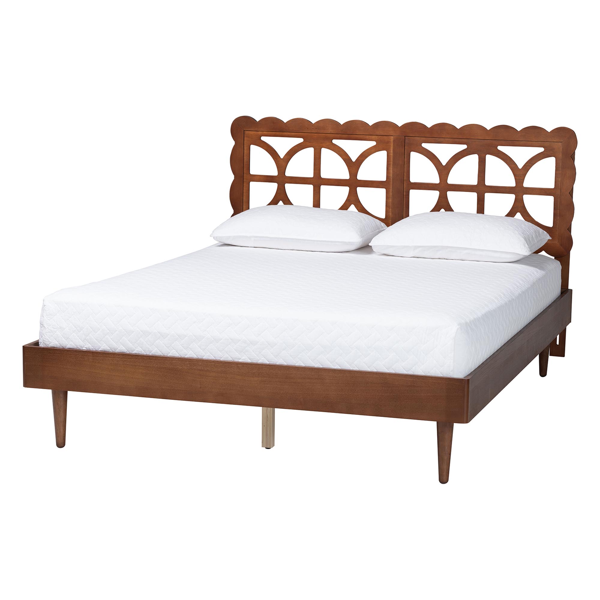 Baxton Studio Onyeka Platform Bed - Mid-Century Modern Bed with Lasercut Headboard and Scalloped Detailing for Bedroom or Guestroom, Queen
