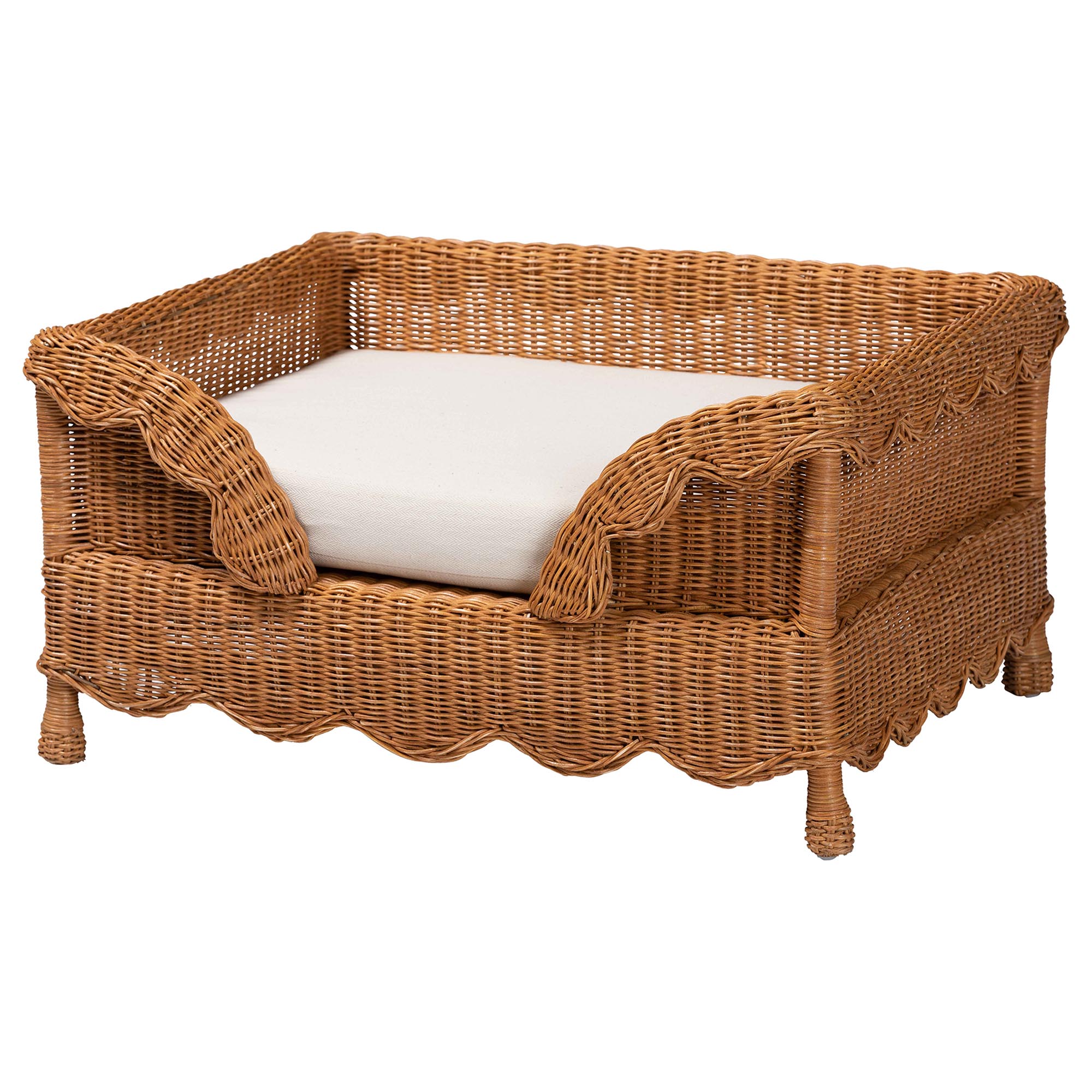 bali & pari Modesta Natural Rattan Accent Bench - Handwoven Wicker Seating with Scalloped Apron and X-Frame Base, Coastal Boho Entryway or Bedroom Seating