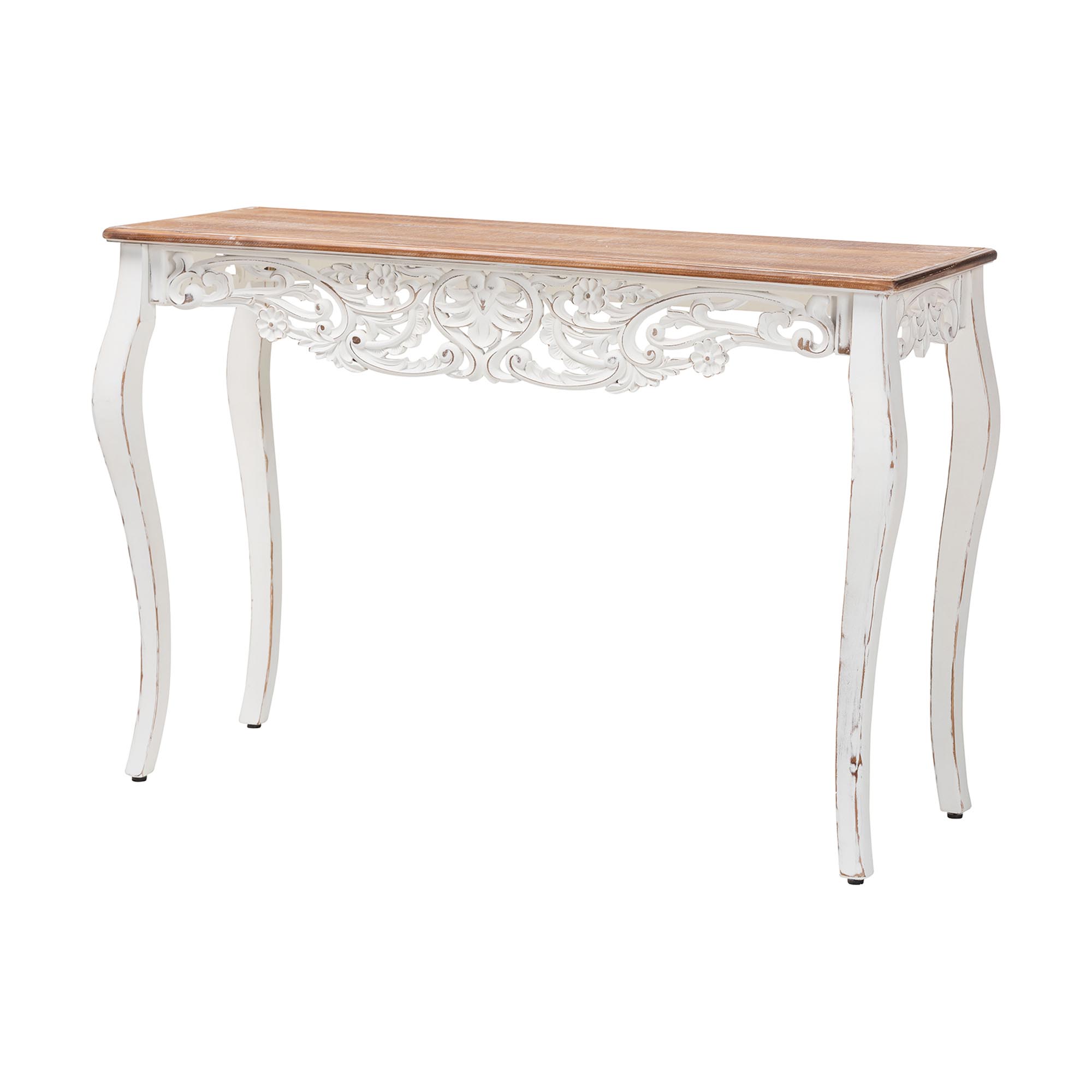 Baxton Studio Riquin Distressed Wood Console Table - Carved Wood Accent Table with Floral Motif and Two-Tone Finishing