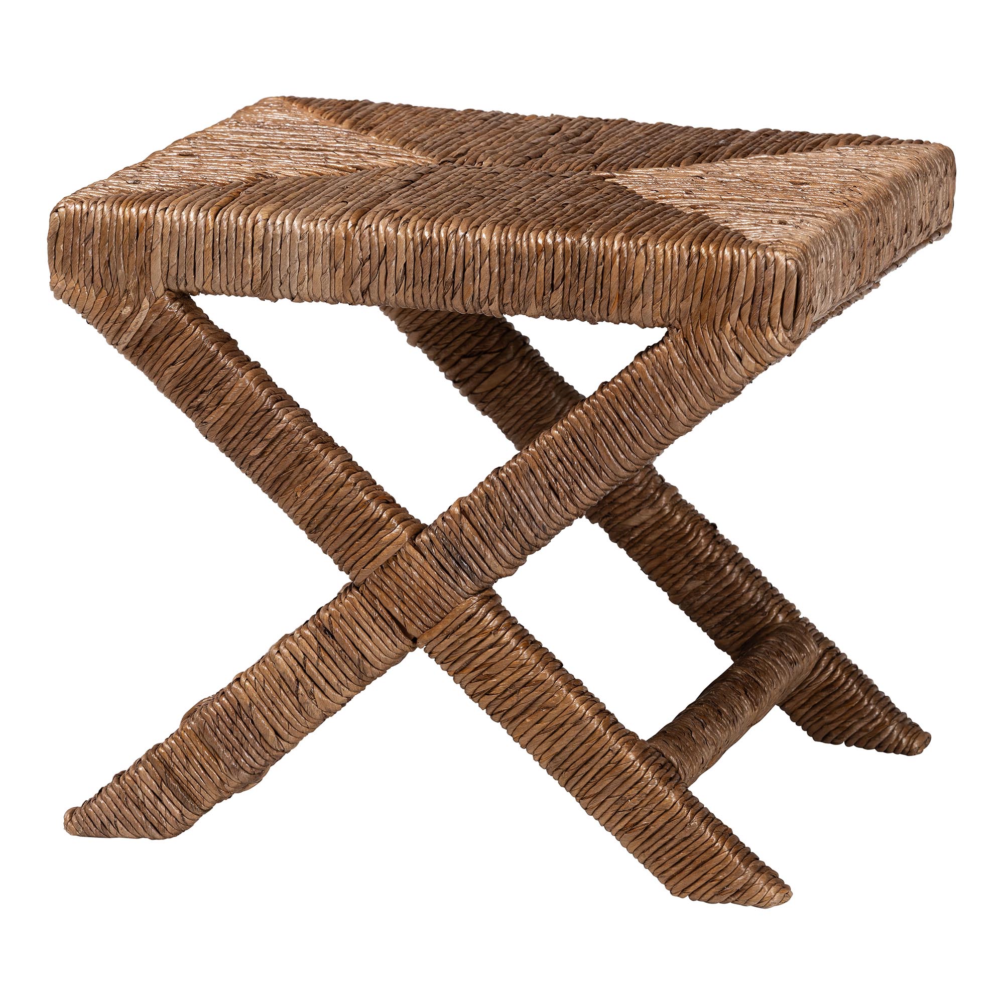 bali & pari Alda Woven Seagrass Ottoman - Handwoven Wicker Accent Stool with X Base, Boho Coastal Seating
