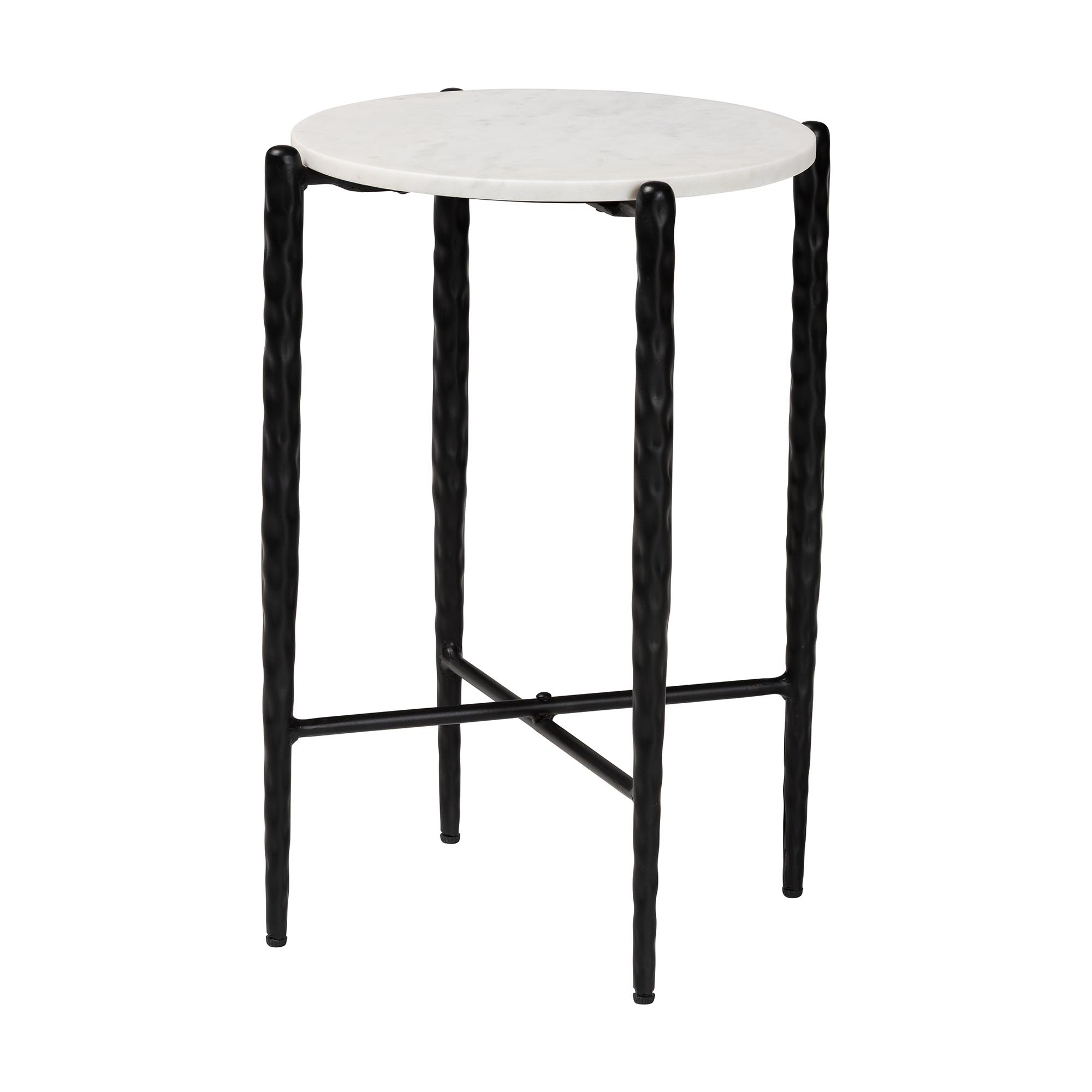 Baxton Studio Caledon Marble Side Table - Modern Rustic Accent Table with Hand-Forged Metal Frame for Living Room or Seating Areas, Round