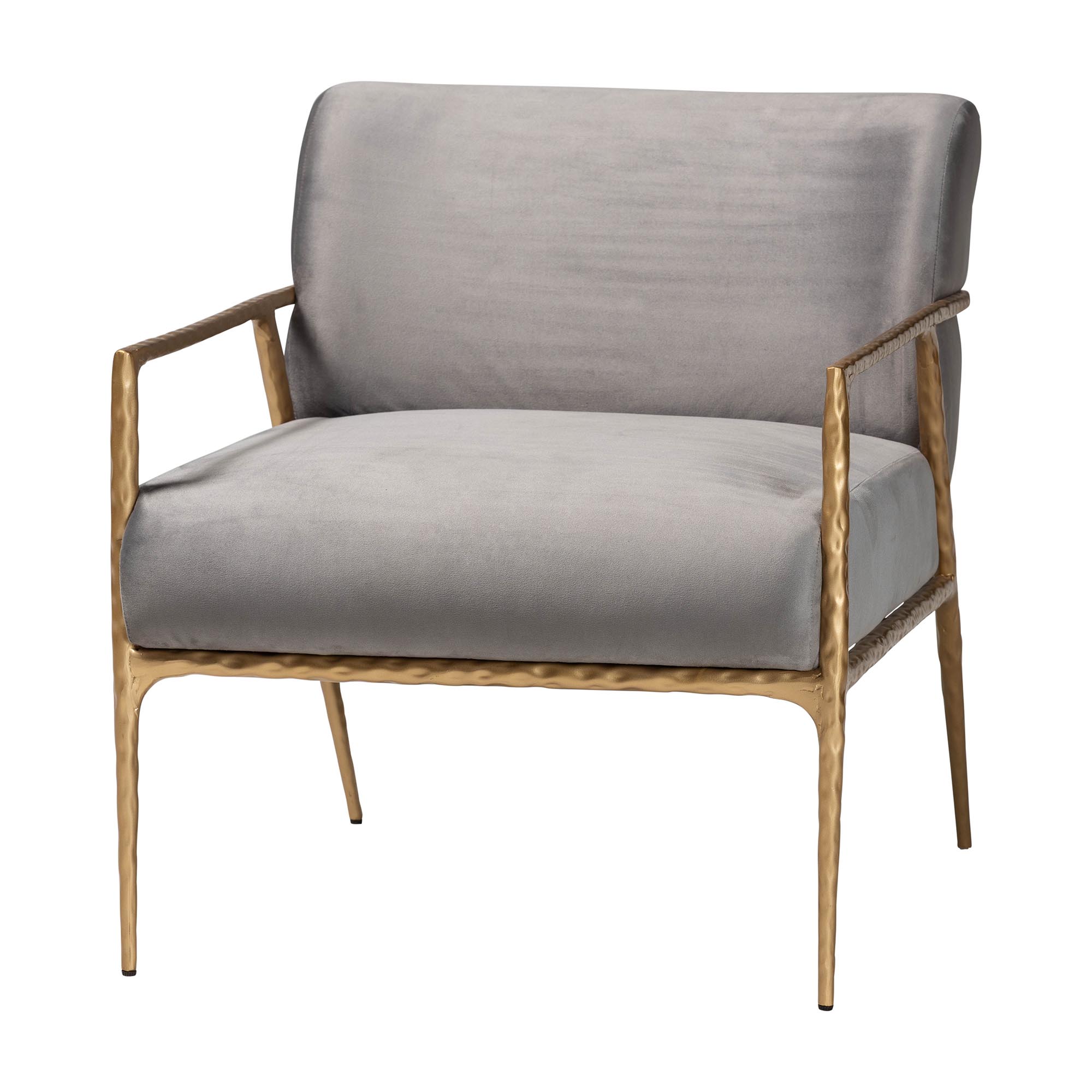 Baxton Studio Ilmari Velvet Lounge Chair with Track Arms - Modern Rustic Armchair with Hand-Forged Metal Frame for Living Room or Lounge