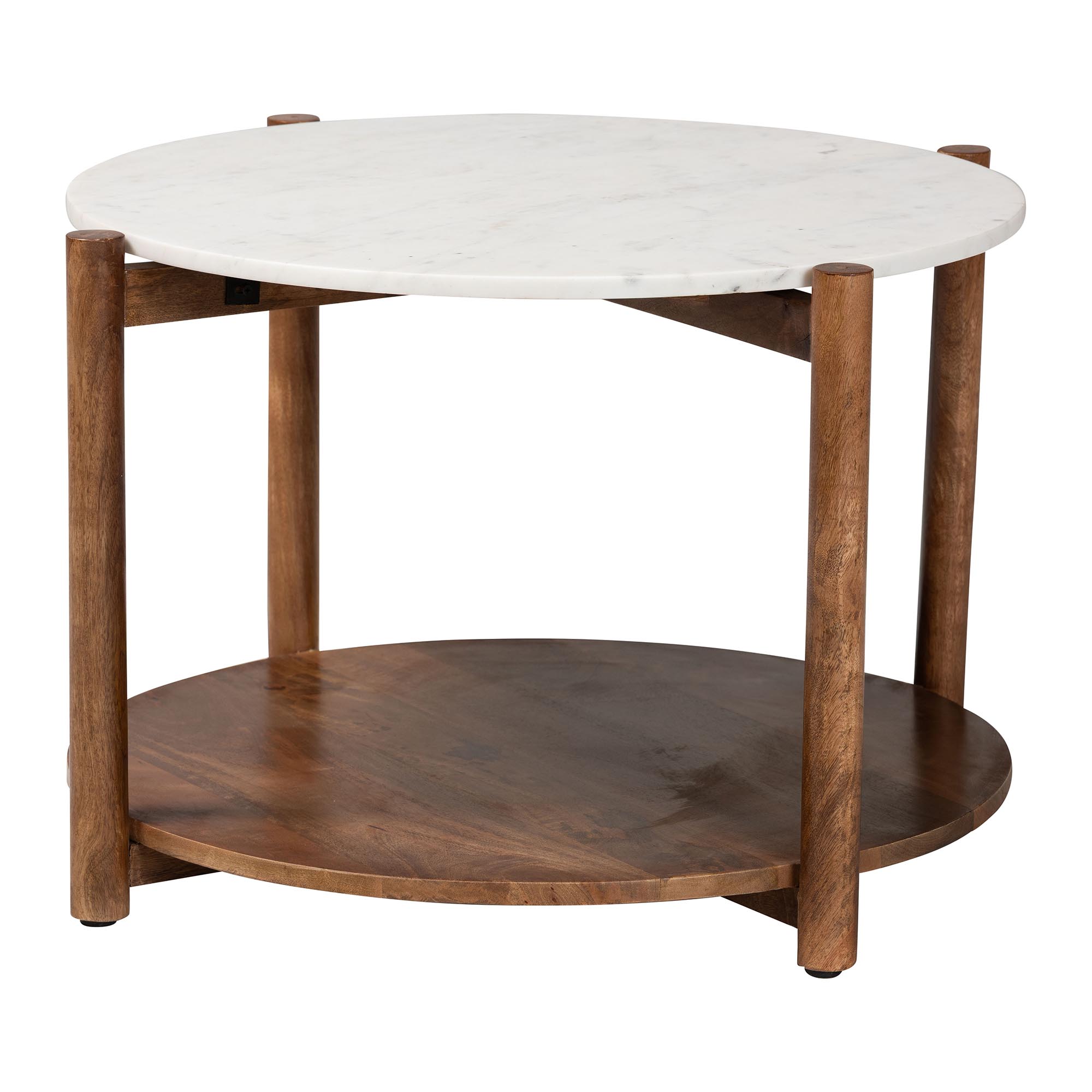 Baxton Studio Quindalyn Round Marble Coffee Table - Modern Accent Table with Mango Wood Frame and Open Shelf Storage for Living Room or Seating Areas
