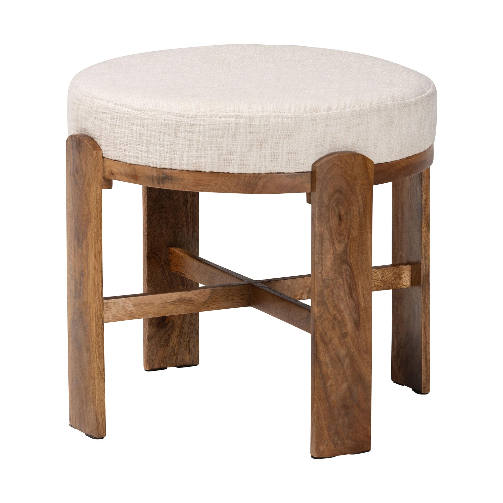 Baxton Studio Whitfield Round Fabric Ottoman Stool - Modern Accent Seating or Footstool with Upholstered Cushion and Mango Wood Frame for Living Room, Bedroom, or Lounge Seating