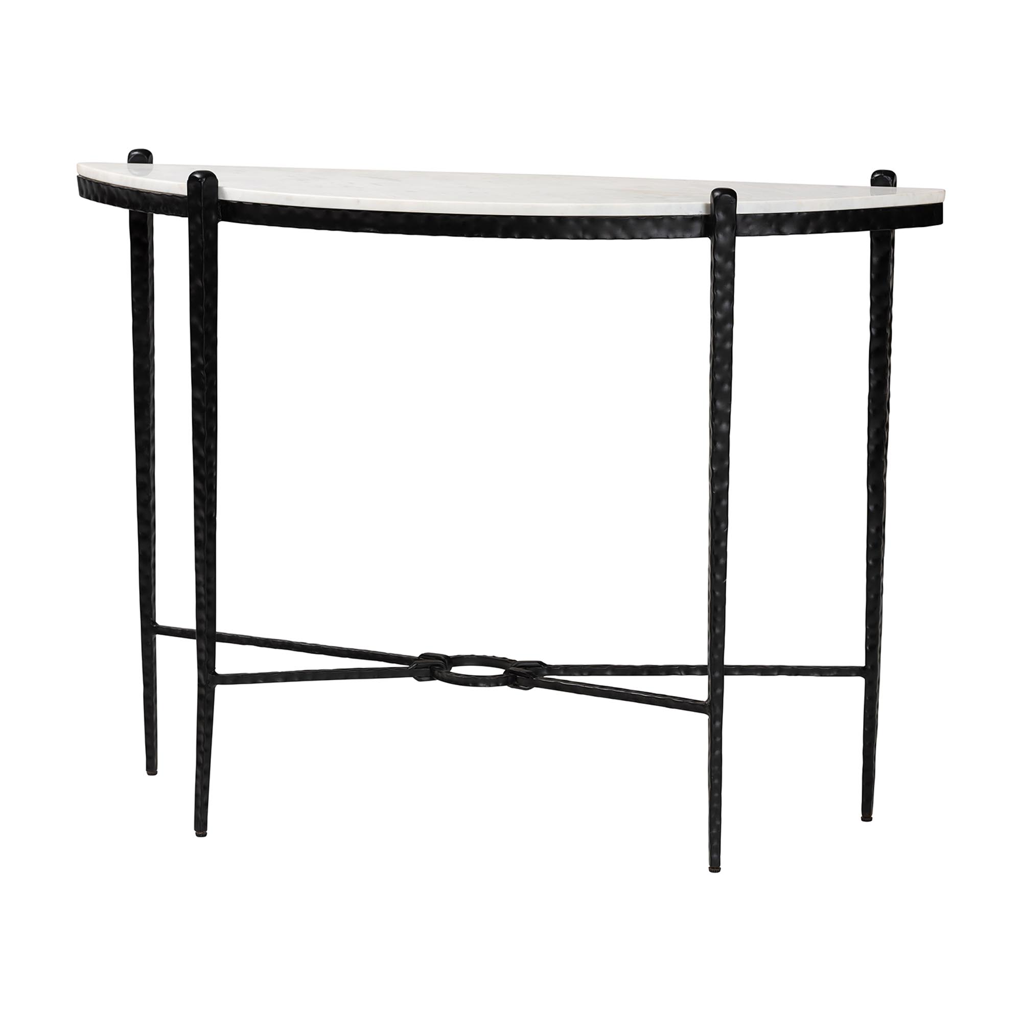 Baxton Studio Caledon Marble Console Table - Modern Rustic Accent Table with Hand-Forged Metal Frame and Half-Moon Tabletop