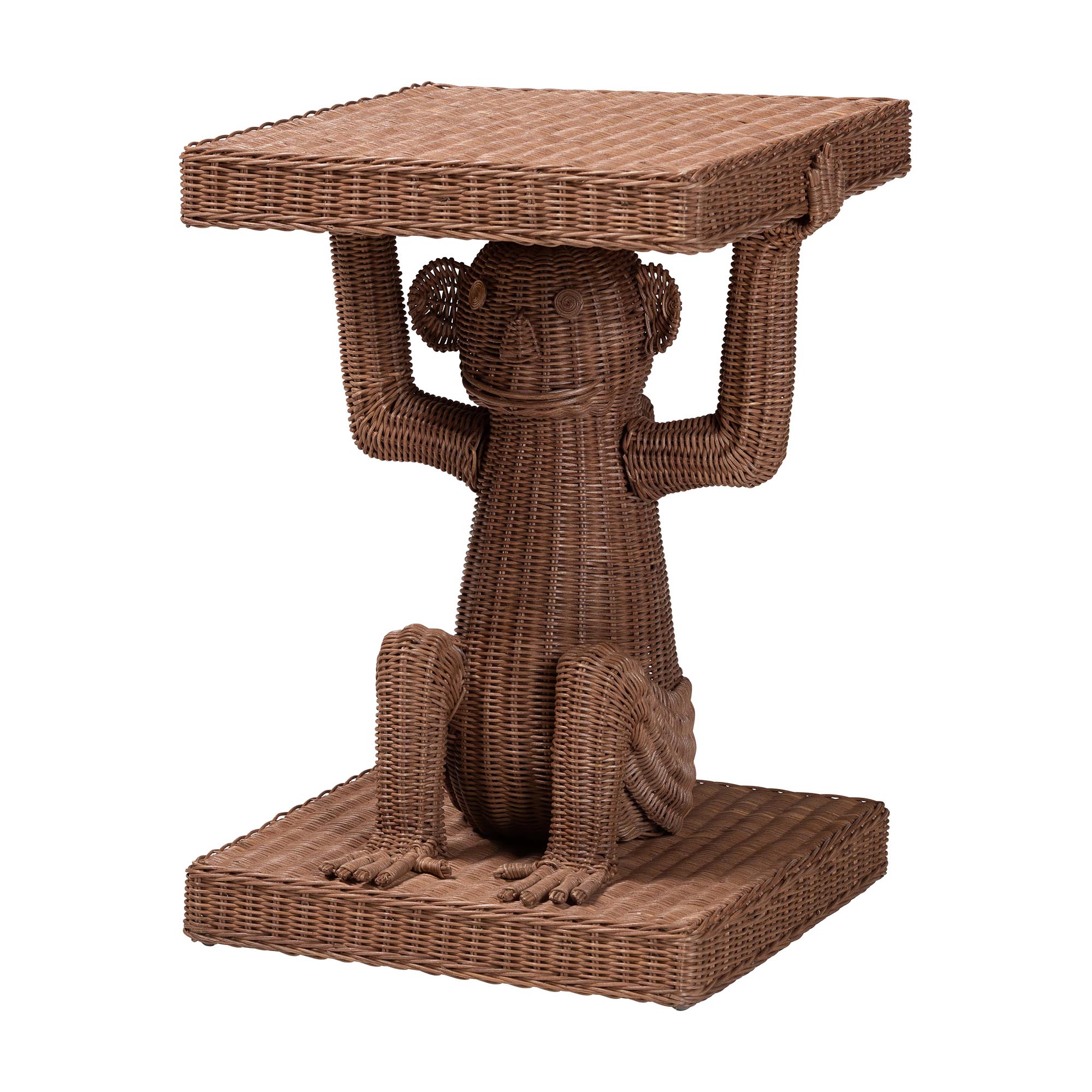 bali & pari Miyoco Monkey End Table - Handwoven Rattan Sculptural Accent Side Table with Platform Base