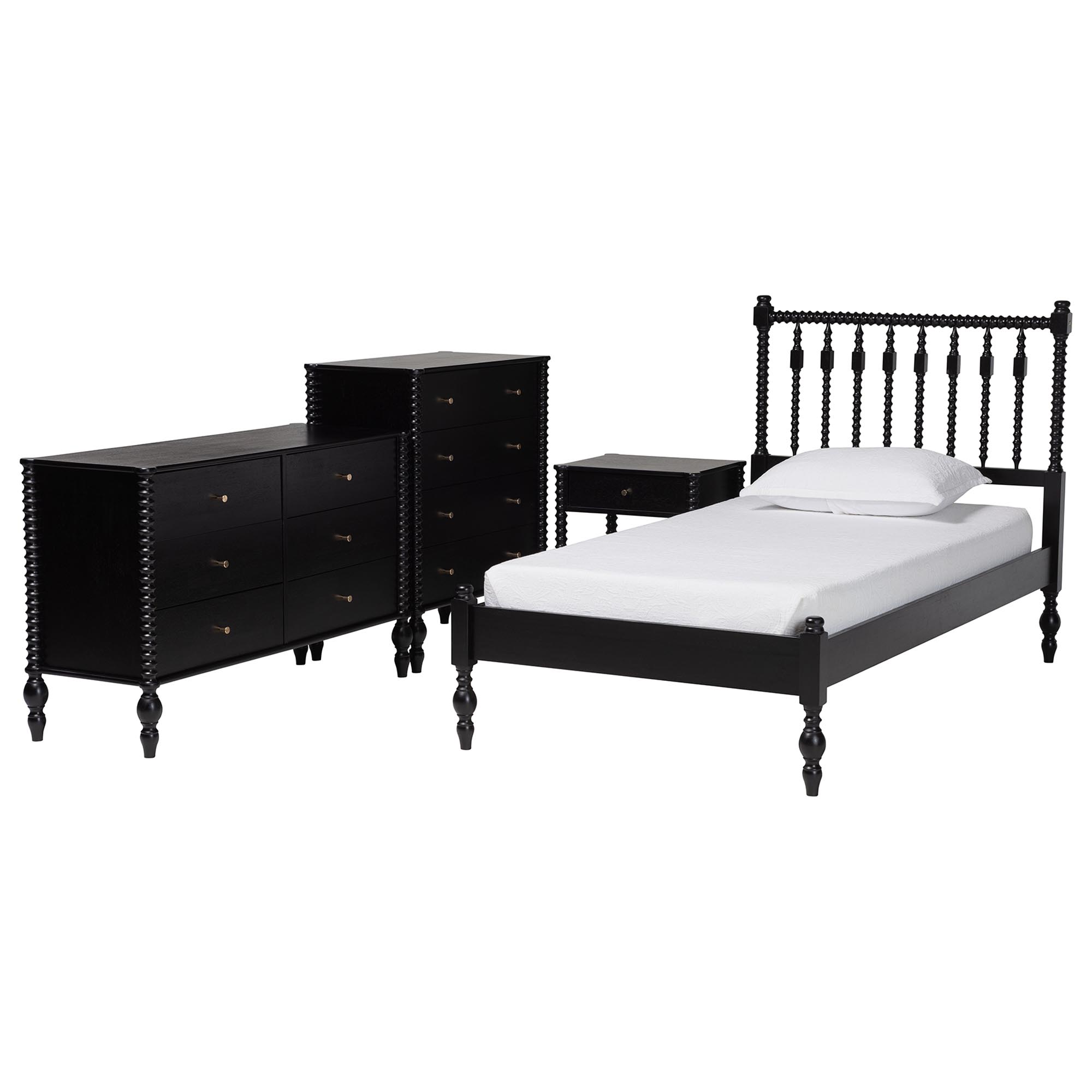 Baxton Studio Denita Spindle 4-Piece Bedroom Set - Farmhouse Platform Bed with Matching Dresser, Chest, and 1-Drawer Nightstand, Black, Twin