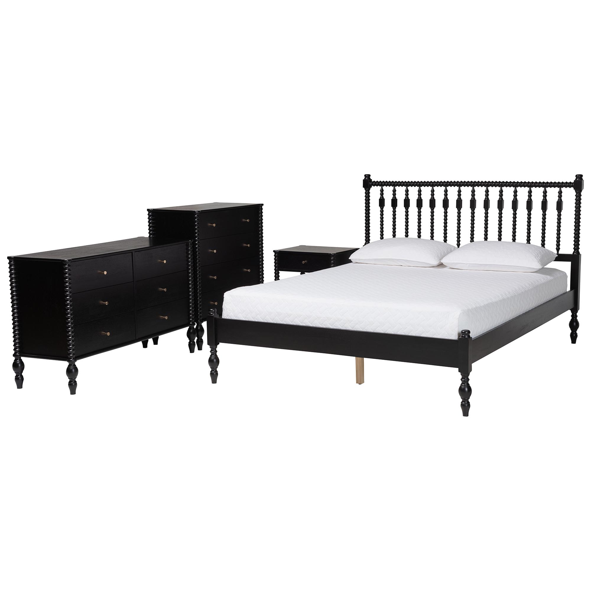 Baxton Studio Denita Spindle 4-Piece Bedroom Set - Farmhouse Platform Bed with Matching Dresser, Chest, and 1-Drawer Nightstand, Black, Queen