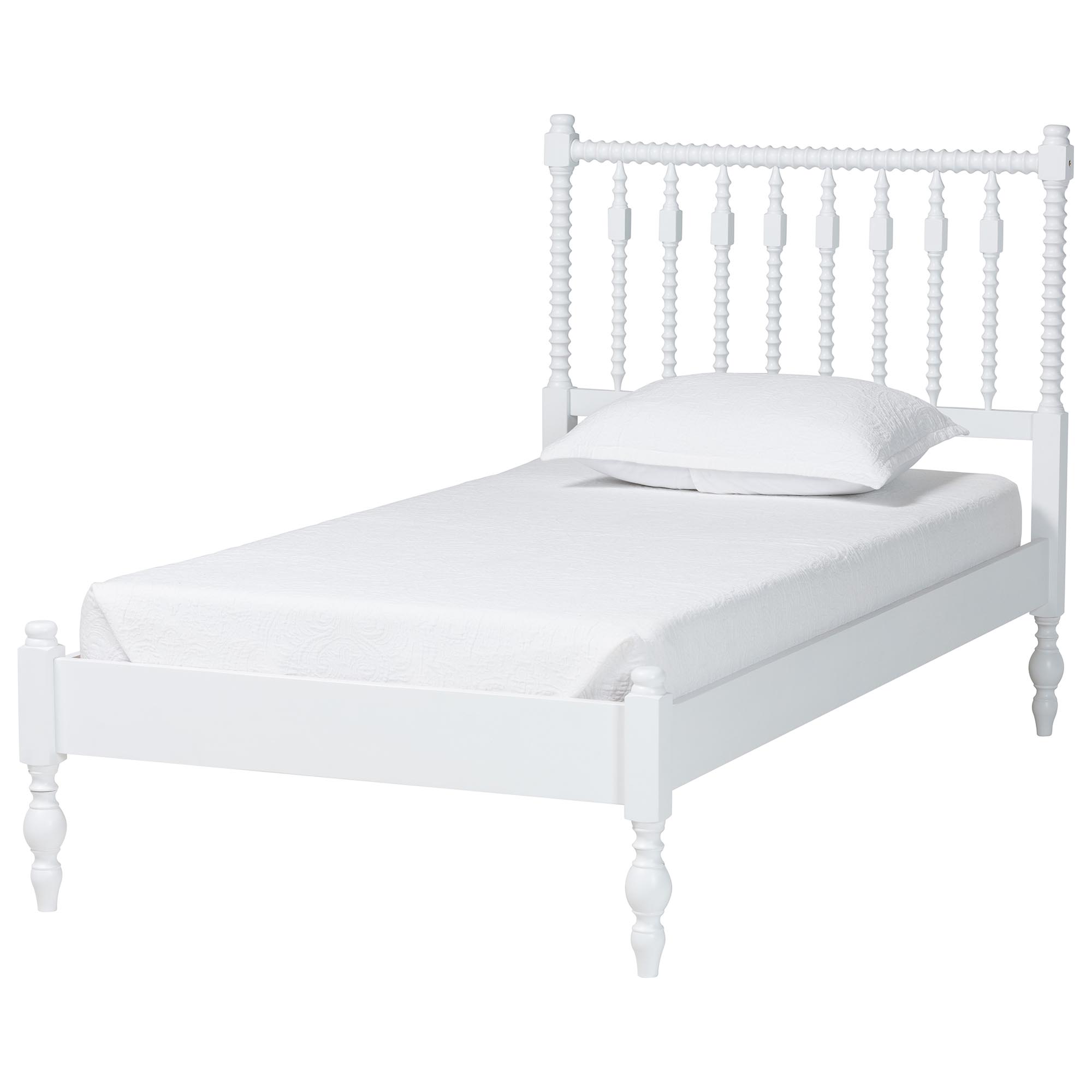 Baxton Studio Callison Spindle Platform Bed - Turned Farmhouse Bed Frame with Spoked Headboard and Sculpted Legs, White, Twin