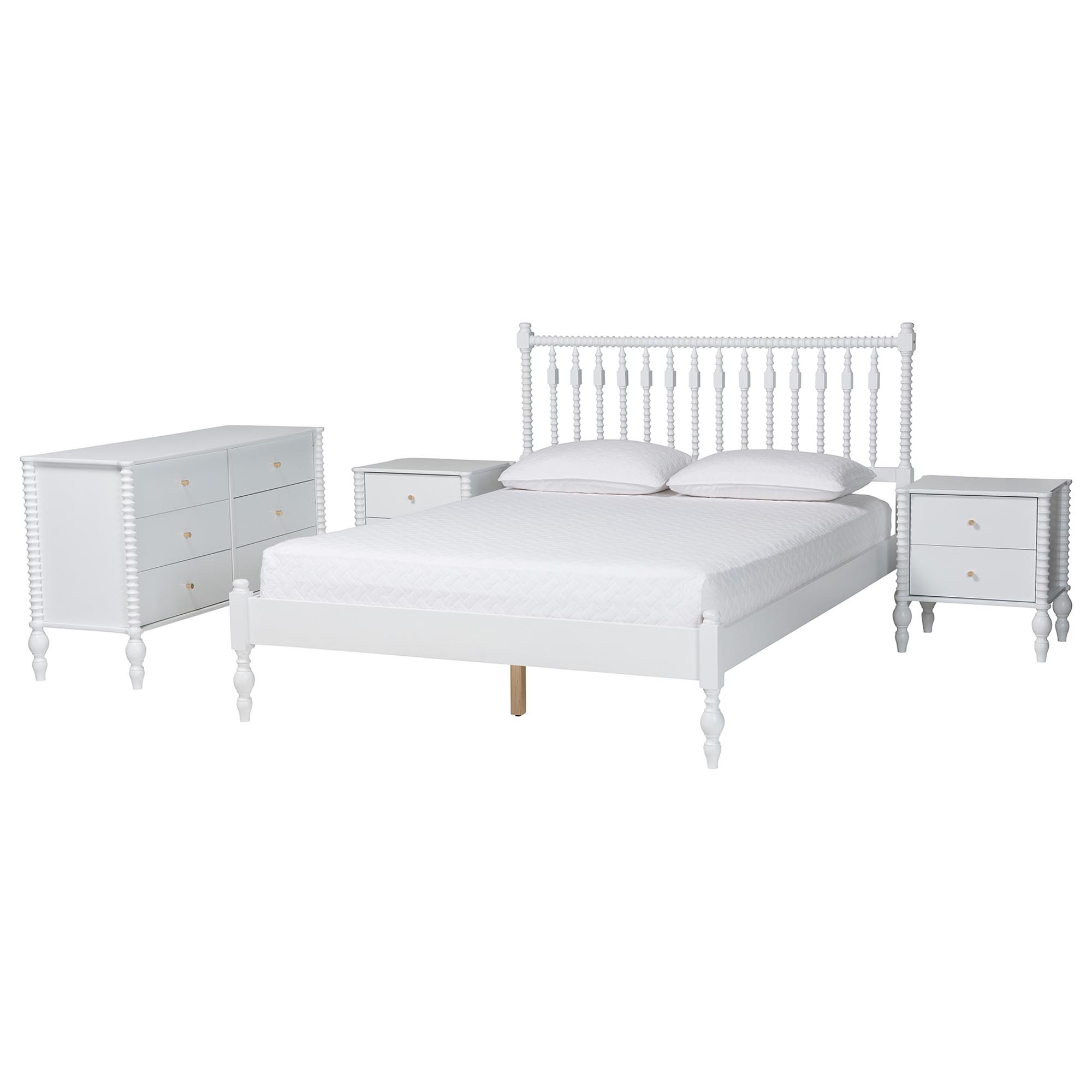 Baxton Studio Callison Spindle 4-Piece Bedroom Set - Farmhouse Platform Bed with Matching Dresser and 2-Drawer Nightstands, White, Full