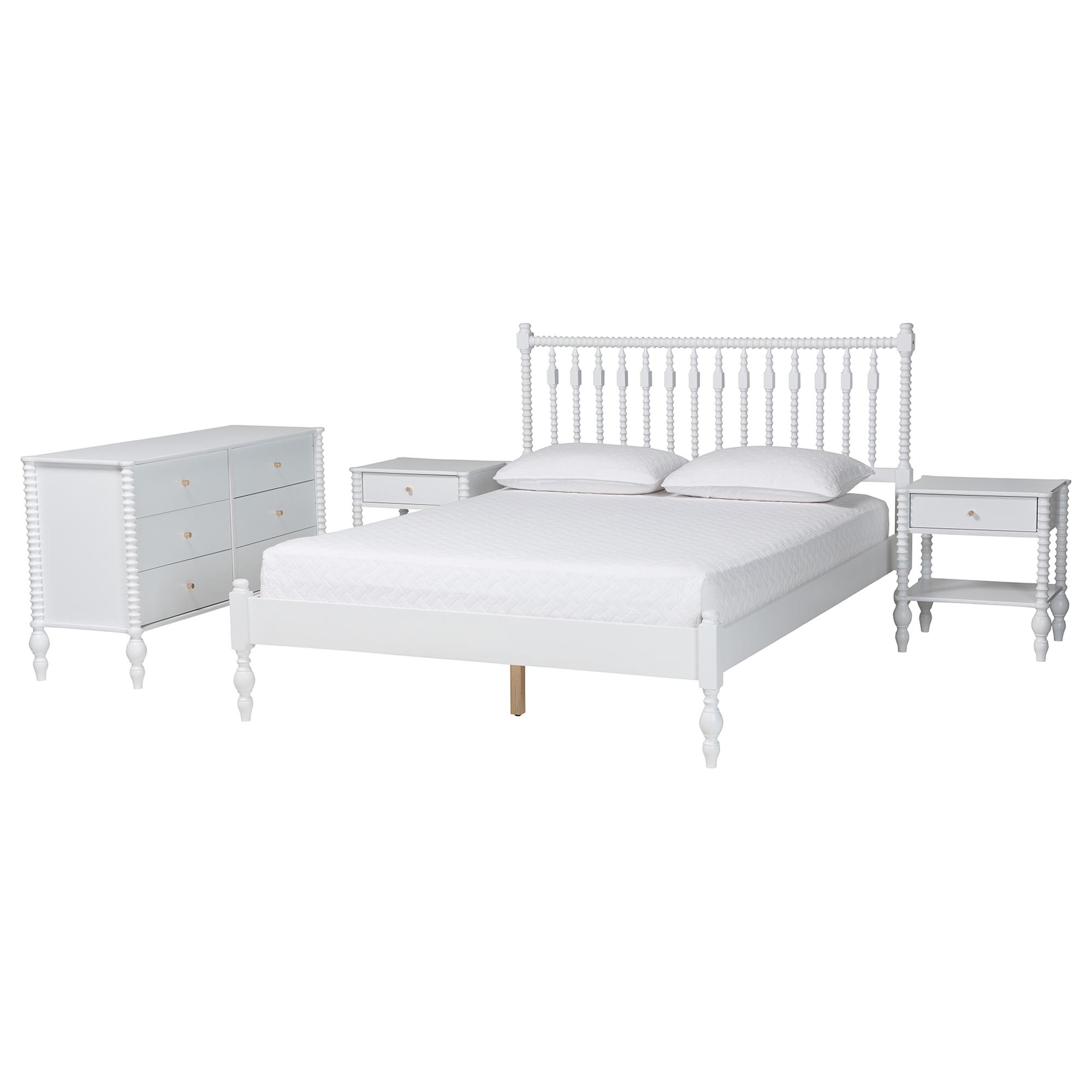 Baxton Studio Denita Spindle 4-Piece Bedroom Set - Farmhouse Platform Bed with Matching Dresser and 1-Drawer Nightstands, White, Queen