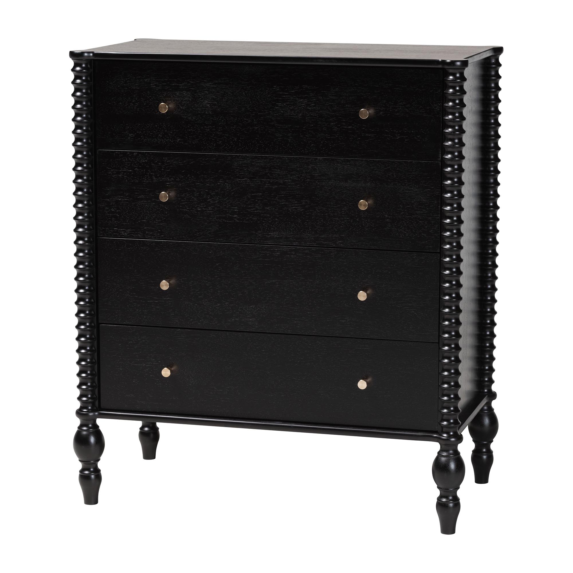 Baxton Studio Callison Spindle Chest - 4-Drawer Farmhouse Vertical Cabinet with Turned Accents for Bedroom, Black