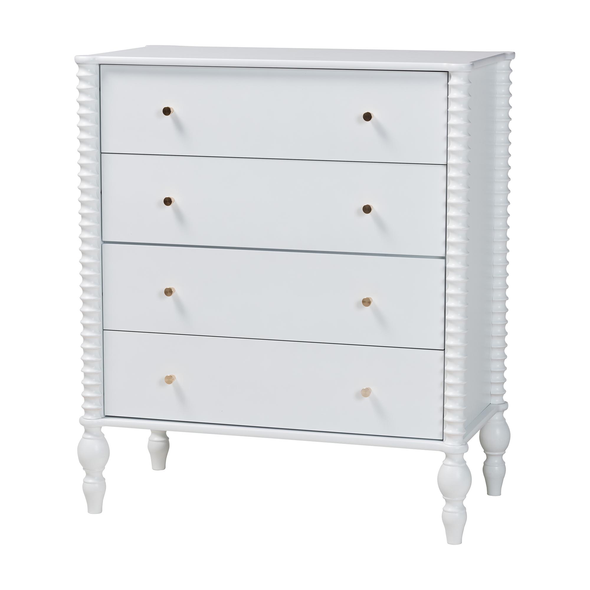Baxton Studio Callison Spindle Chest - 4-Drawer Farmhouse Vertical Cabinet with Turned Accents for Bedroom, White