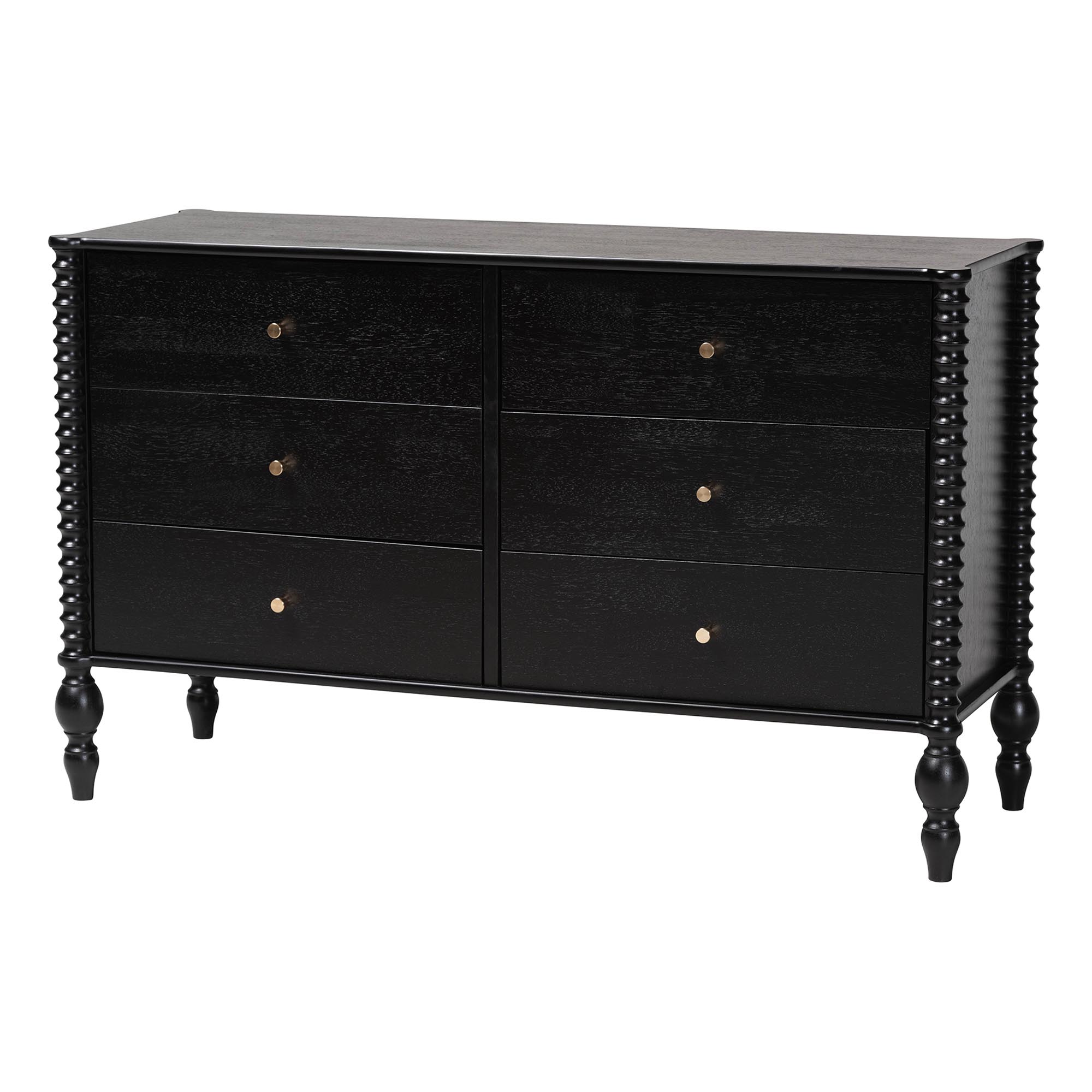 Baxton Studio Callison Spindle Dresser - 6-Drawer Farmhouse Horizontal Cabinet with Turned Accents for Bedroom, Black