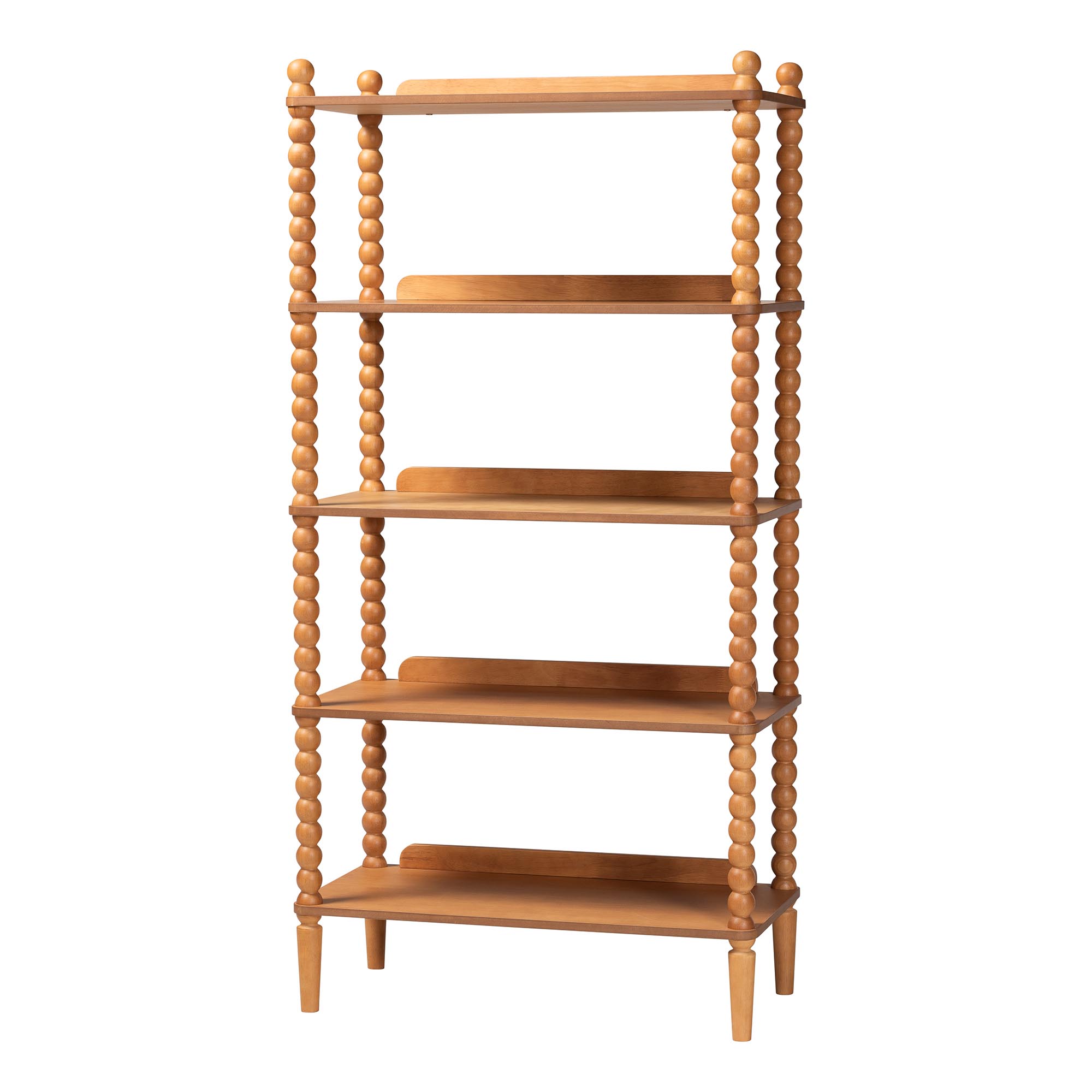 Baxton Studio Lucera Bobbin Display Shelf - 5-Tier Open Frame Vertical Bookcase with Spindle Posts for Living Room or Ofice, Oak Brown