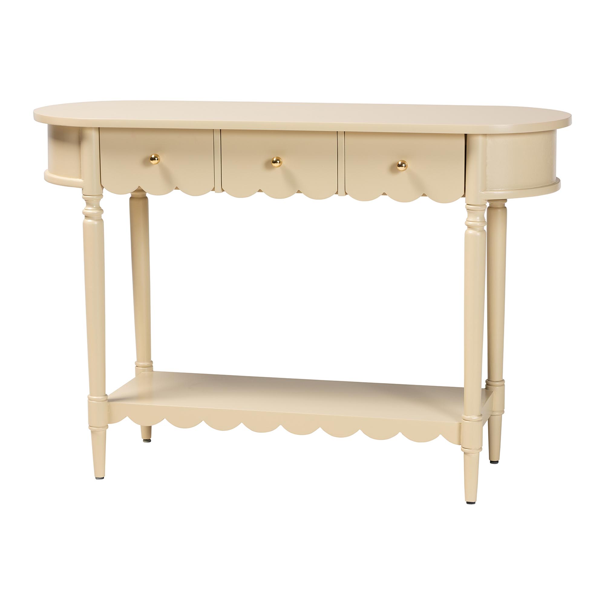 bali & pari Liba Console Table - 3-Drawer Accent Table with Scalloped Detailing and Open Shelf Storage for Hallway, Entryway, or Living Room