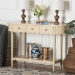 bali & pari Liba Console Table - 3-Drawer Accent Table with Scalloped Detailing and Open Shelf Storage for Hallway, Entryway, or Living Room - BSOLiba-Beige-Wooden-3DRW-Console Table