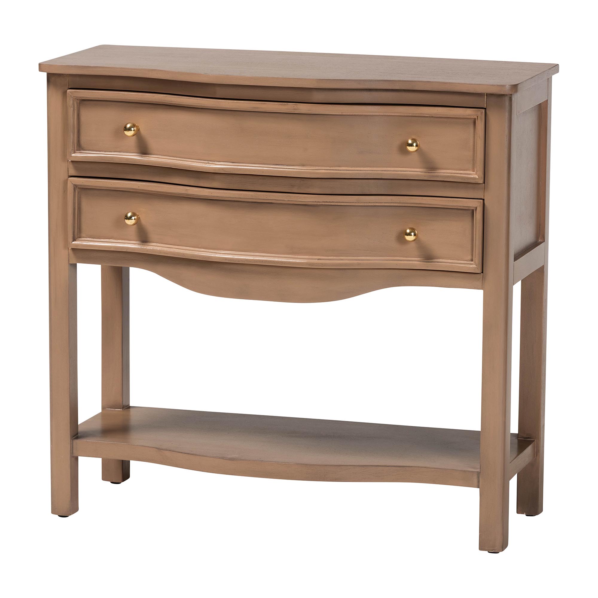 bali & pari Kelila Console Table with Curved Front - 2-Drawer Entryway Table with Open Shelf and Sculpted Apron for Living Room or Hallway