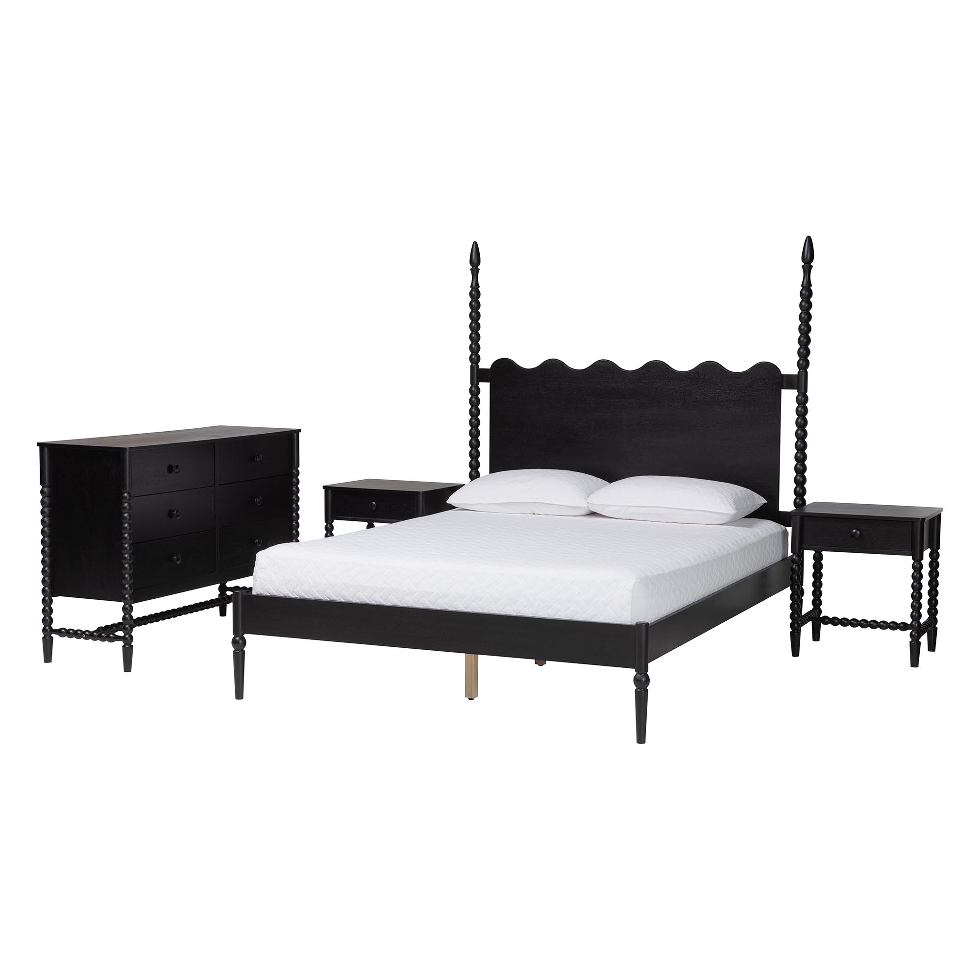 Baxton Studio Brantley Spindle 4-Piece Bedroom Set - Farmhouse Bed Frame with Matching Dresser and 1-Drawer Nightstands, Black, Queen