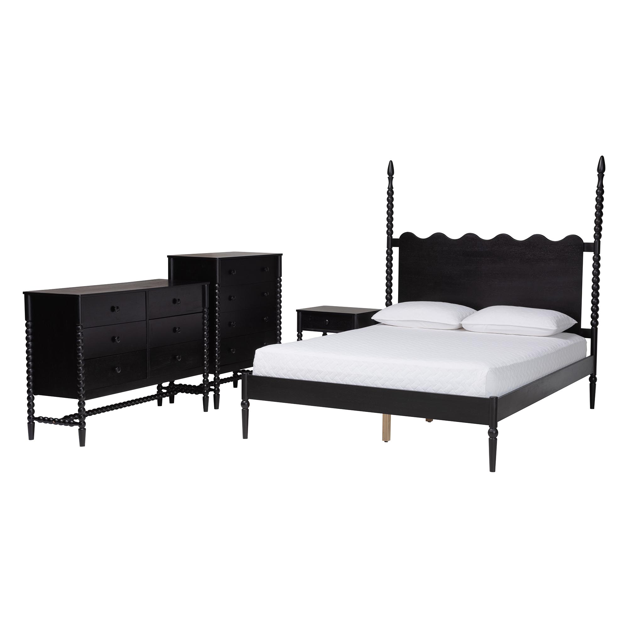 Baxton Studio Brantley Spindle 4-Piece Bedroom Set - Farmhouse Bed Frame with Matching Dresser, Chest, and 1-Drawer Nightstand, Black, Queen