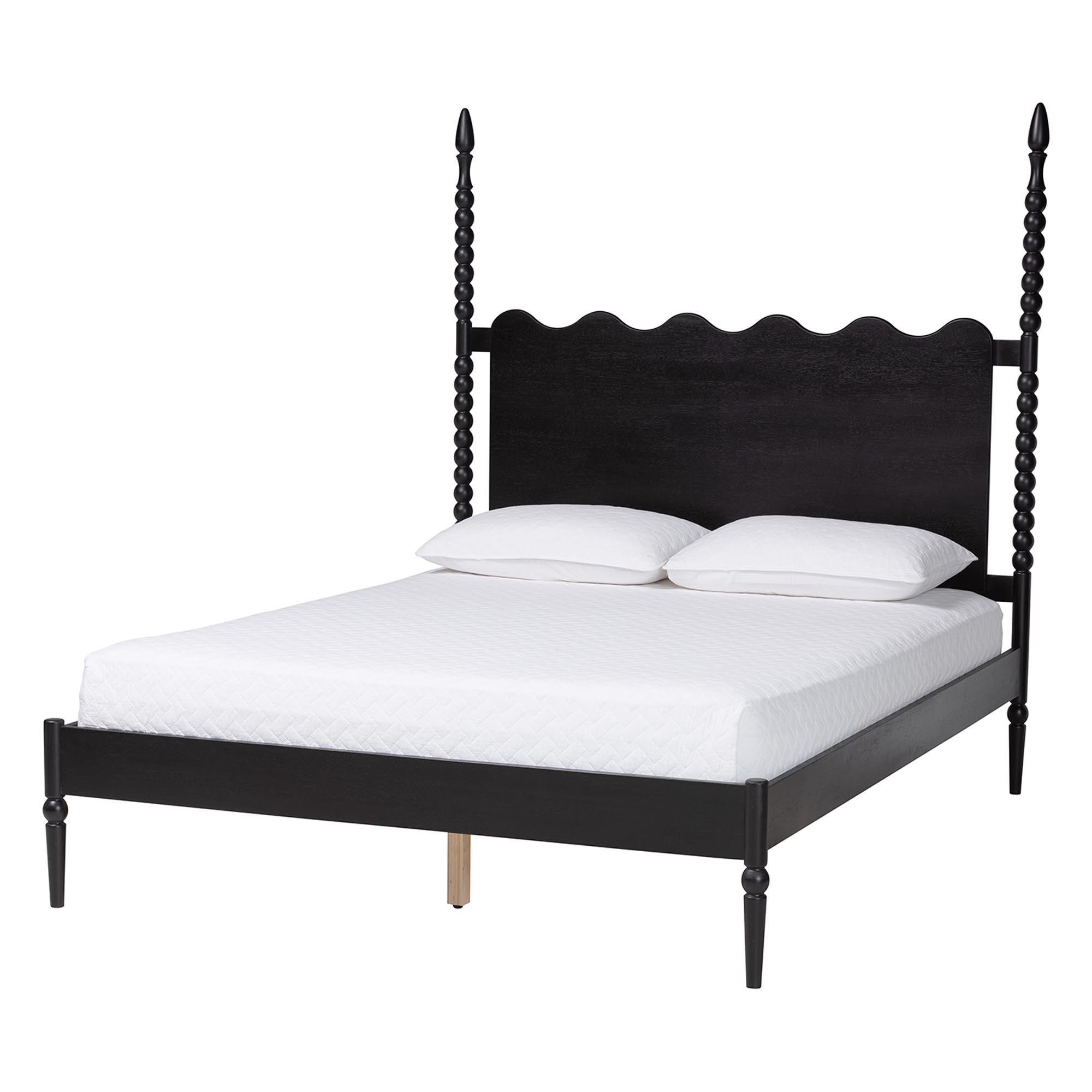 Baxton Studio Brantley Spindle Platform Bed - Farmhouse Bed Frame with Scalloped Headboard and Turned Posts, Black, Queen