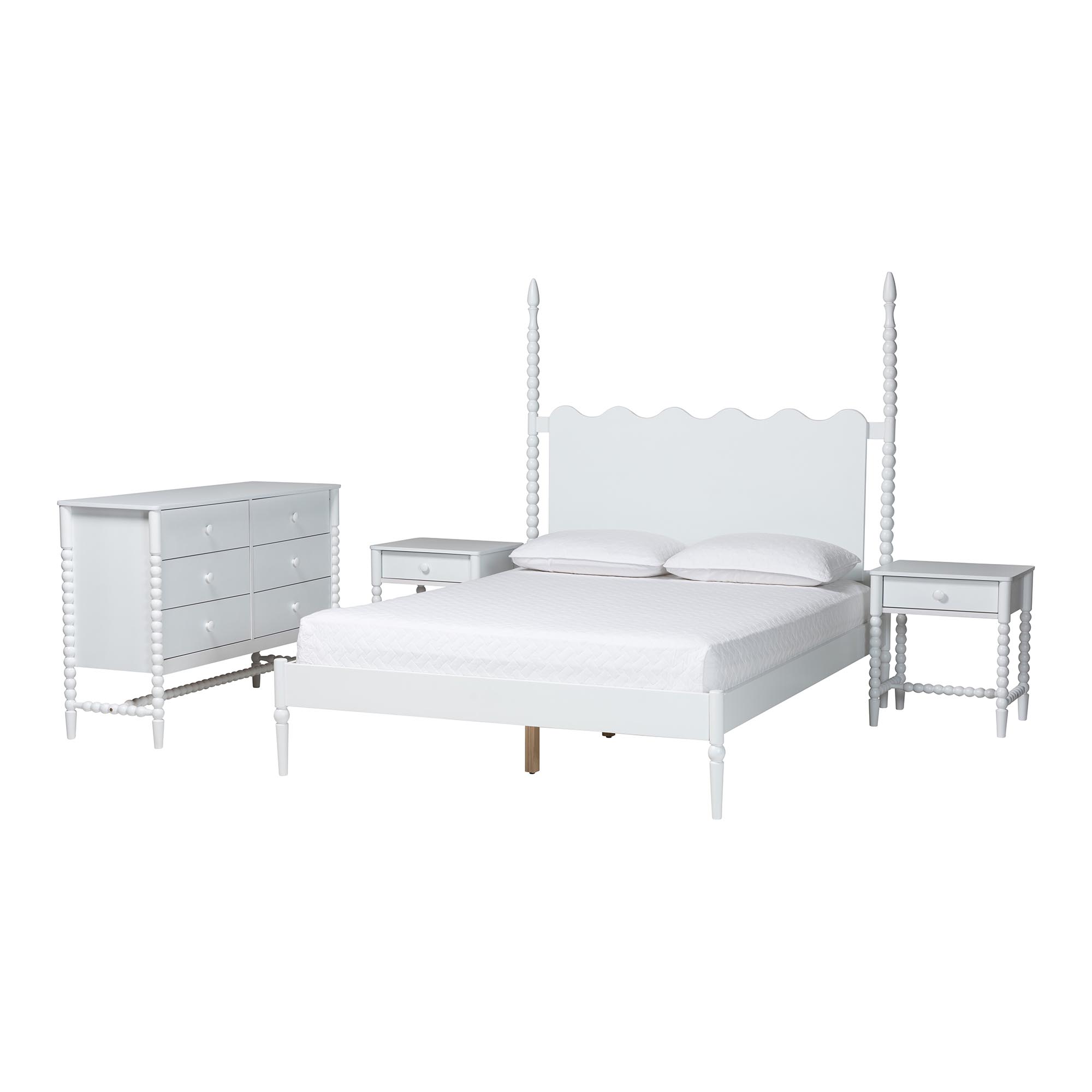 Baxton Studio Brantley Spindle 4-Piece Bedroom Set - Farmhouse Bed Frame with Matching Dresser and 1-Drawer Nightstands, White, Queen