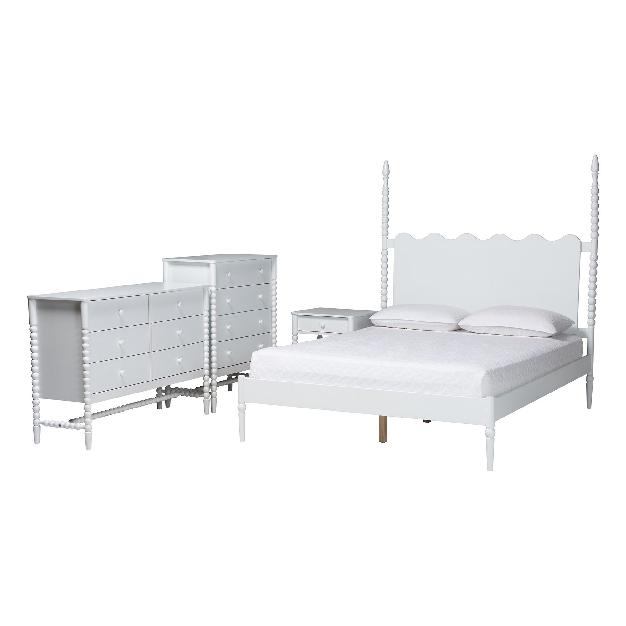 Baxton Studio Brantley Spindle 4-Piece Bedroom Set - Farmhouse Bed Frame with Matching Dresser, Chest, and 1-Drawer Nightstand, White, Queen