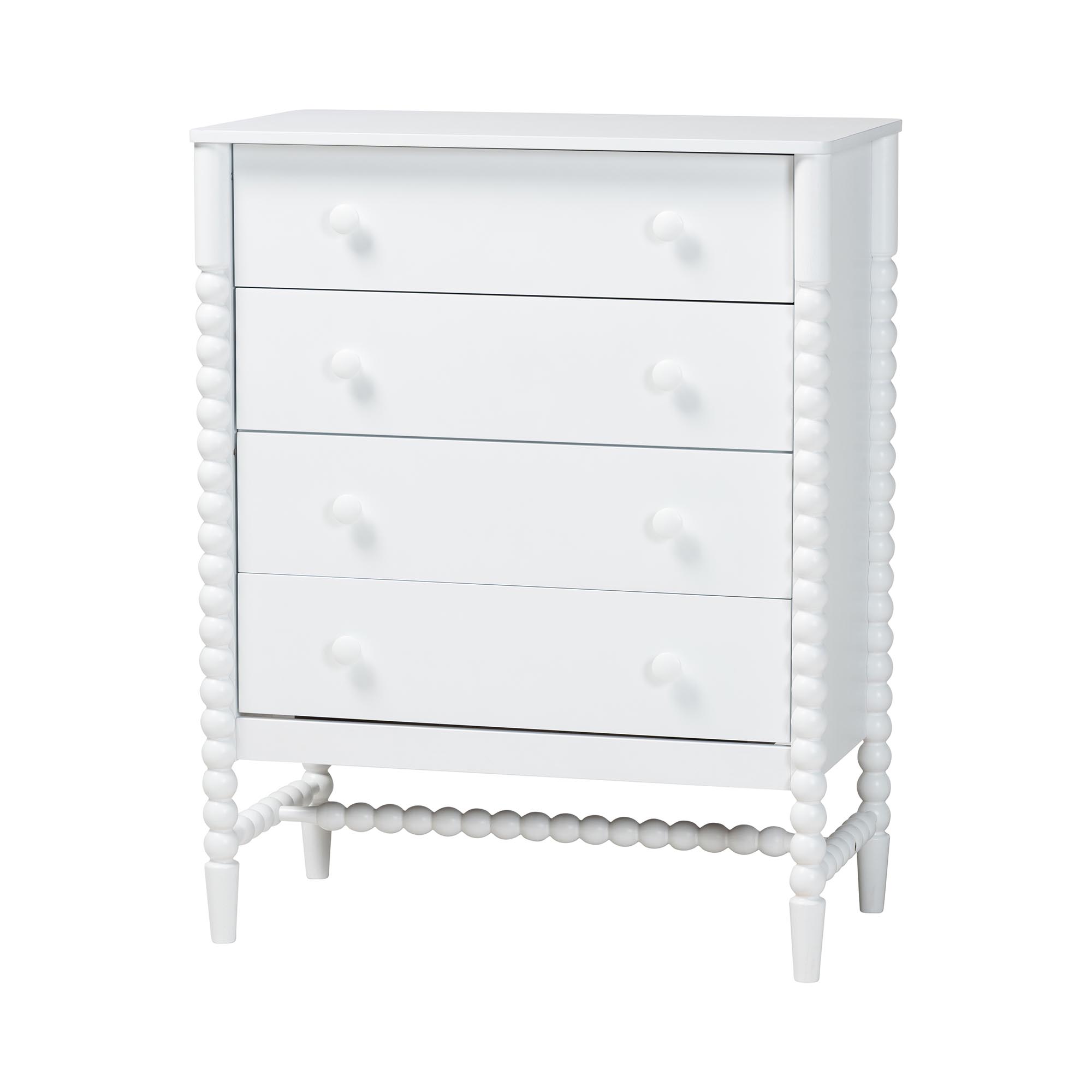Baxton Studio Brantley Spindle Chest - 4-Drawer Vertical Storage Cabinet with Beaded Frame and Elevated Base for Bedroom, White