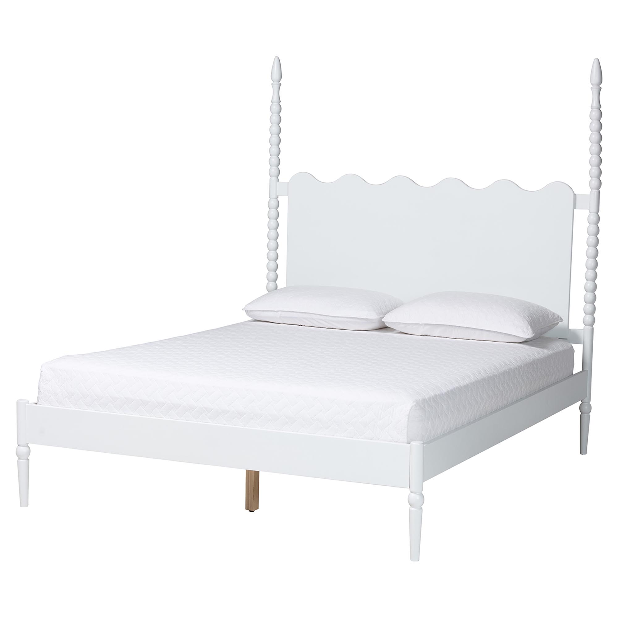 Baxton Studio Brantley Spindle Platform Bed - Farmhouse Bed Frame with Scalloped Headboard and Turned Posts, White, Queen