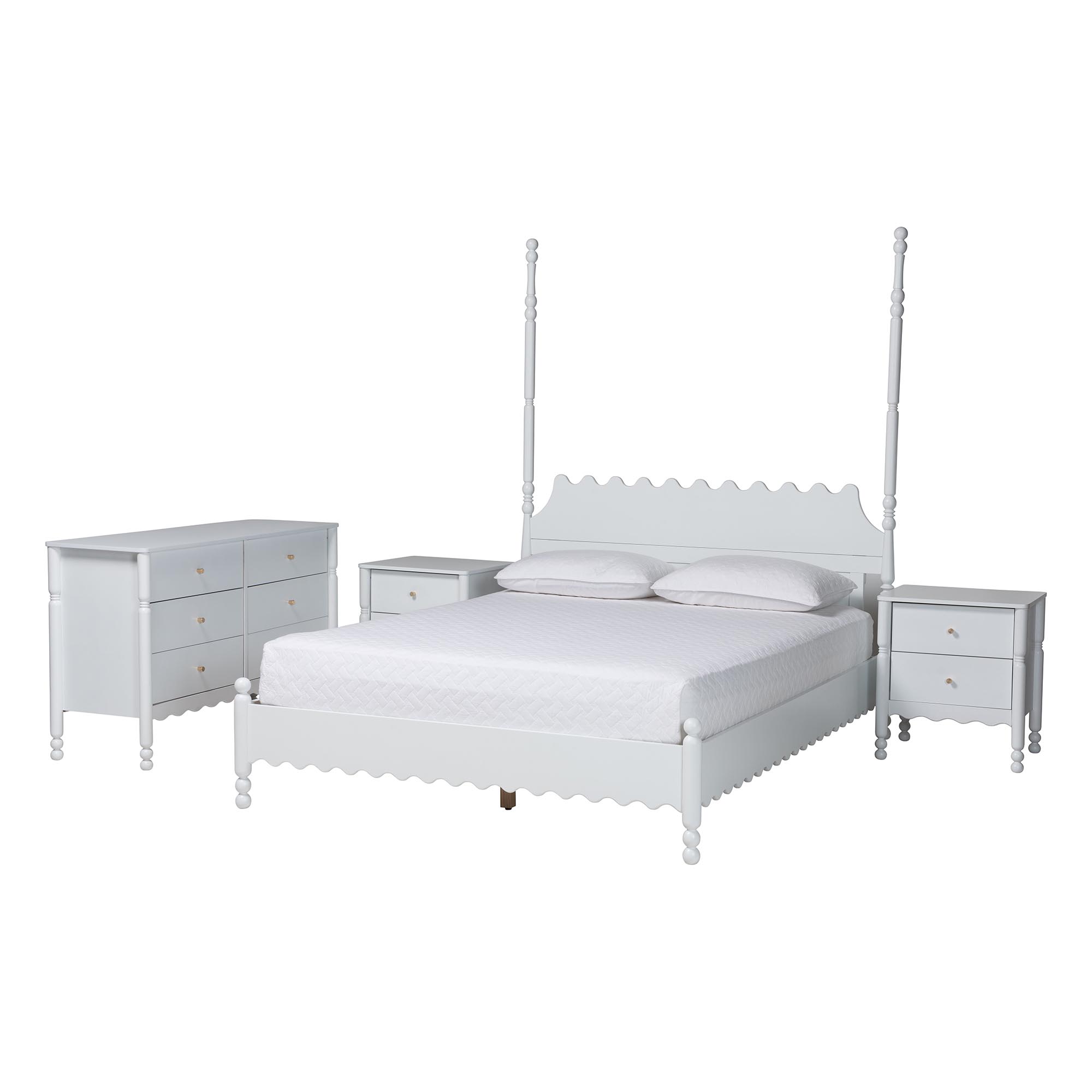 Baxton Studio Hoffman 4-Piece Scalloped Bedroom Set - Farmhouse Bed Frame with Matching Dresser and 2-Drawer Nightstands, White, Queen