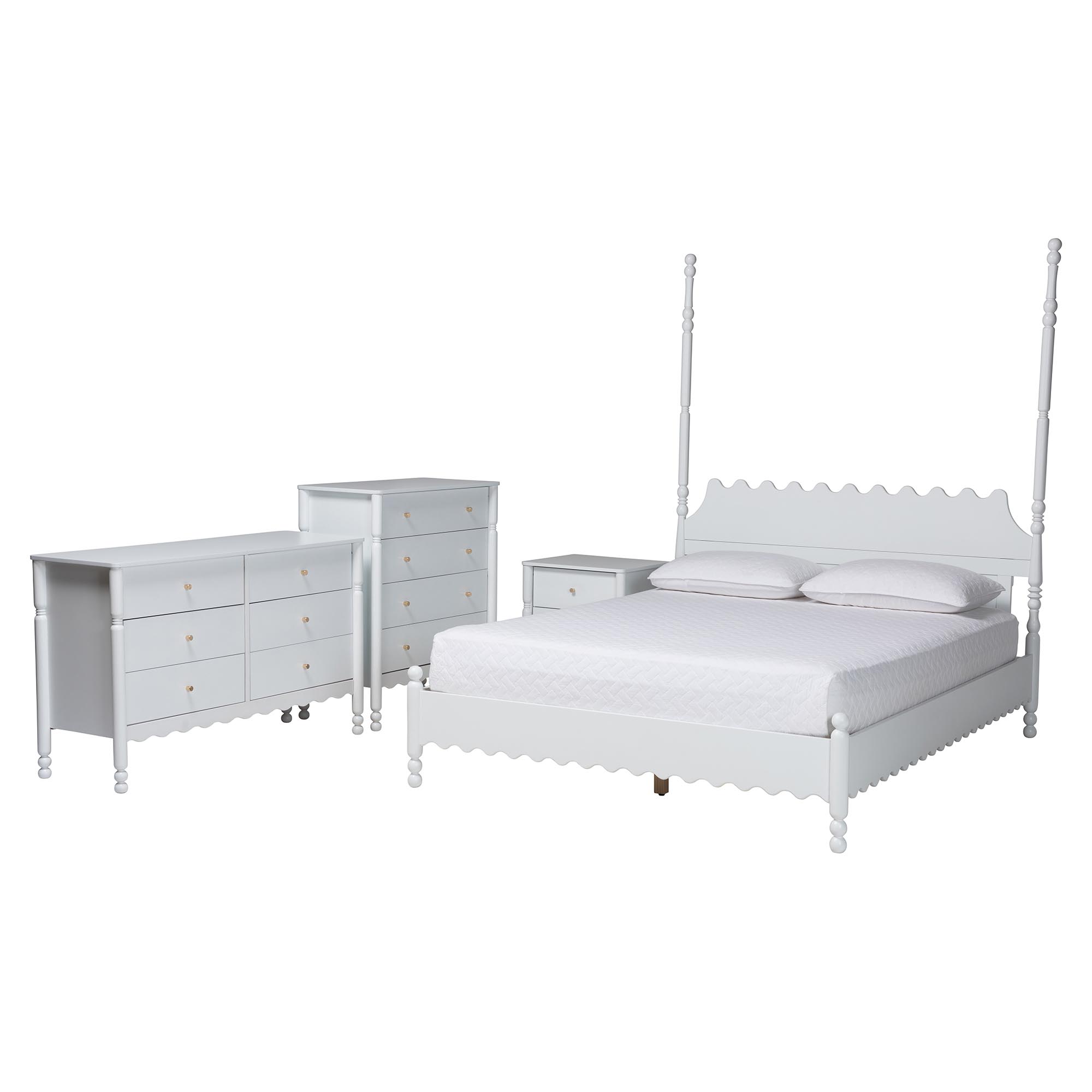 Baxton Studio Hoffman 4-Piece Scalloped Bedroom Set - Farmhouse Bed Frame with Matching Dresser, Chest, and 2-Drawer Nightstand, White, Queen
