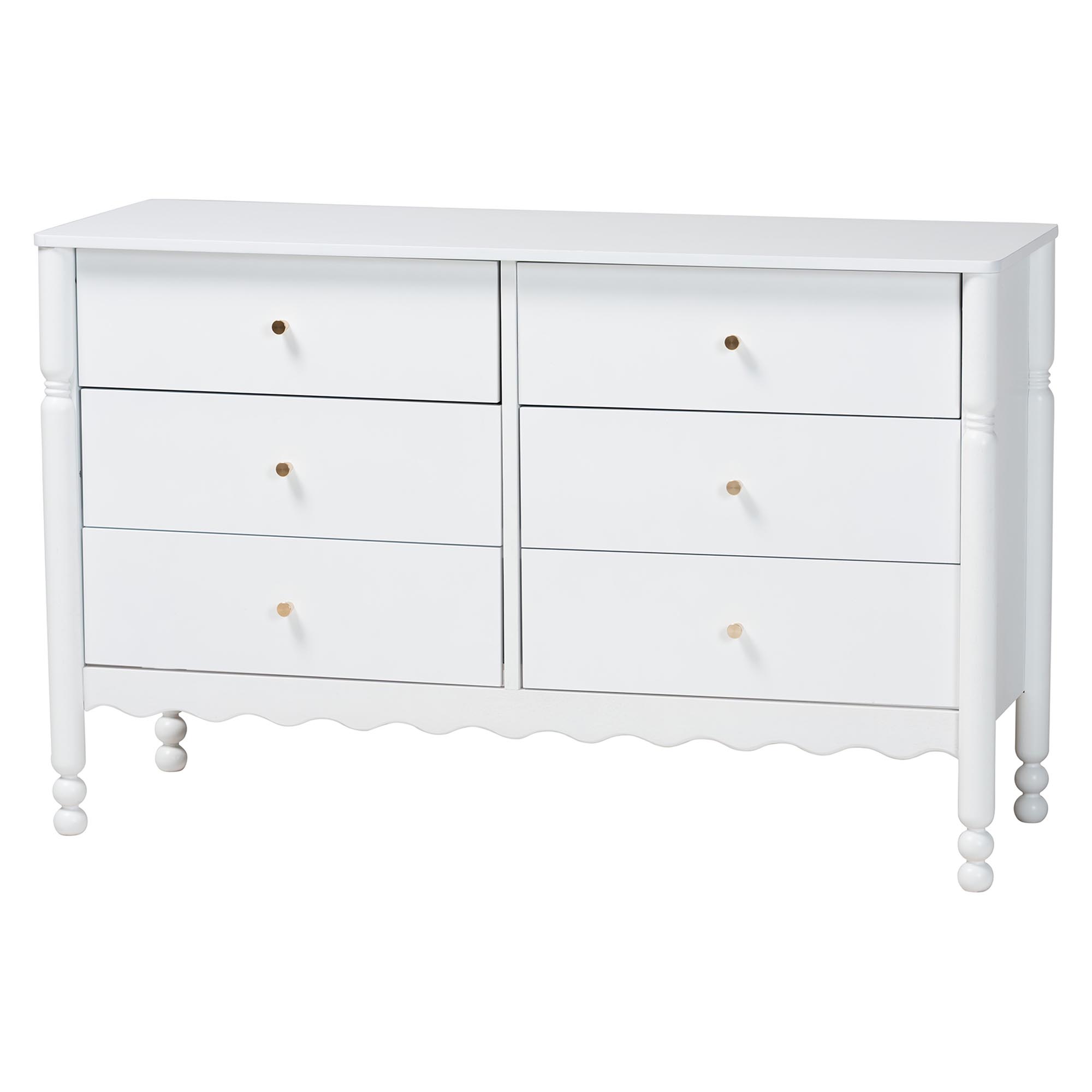 Baxton Studio Hoffman Dresser - 6-Drawer Horizontal Storage Cabinet with Scalloped Apron and Turned Legs for Bedroom, White