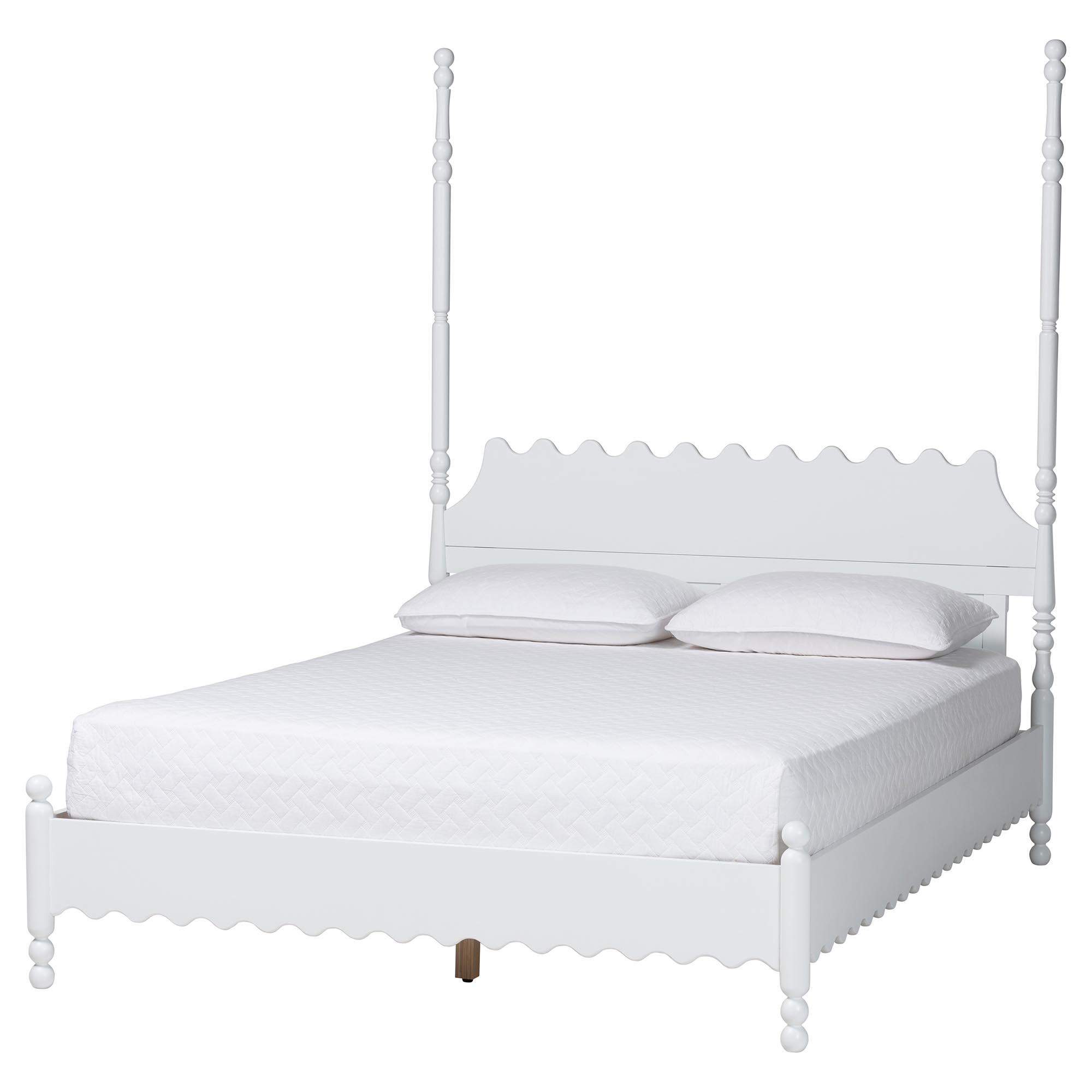 Baxton Studio Hoffman Platform Bed - Farmhouse Bed Frame with Scalloped Design and Turned Posts, White, Queen