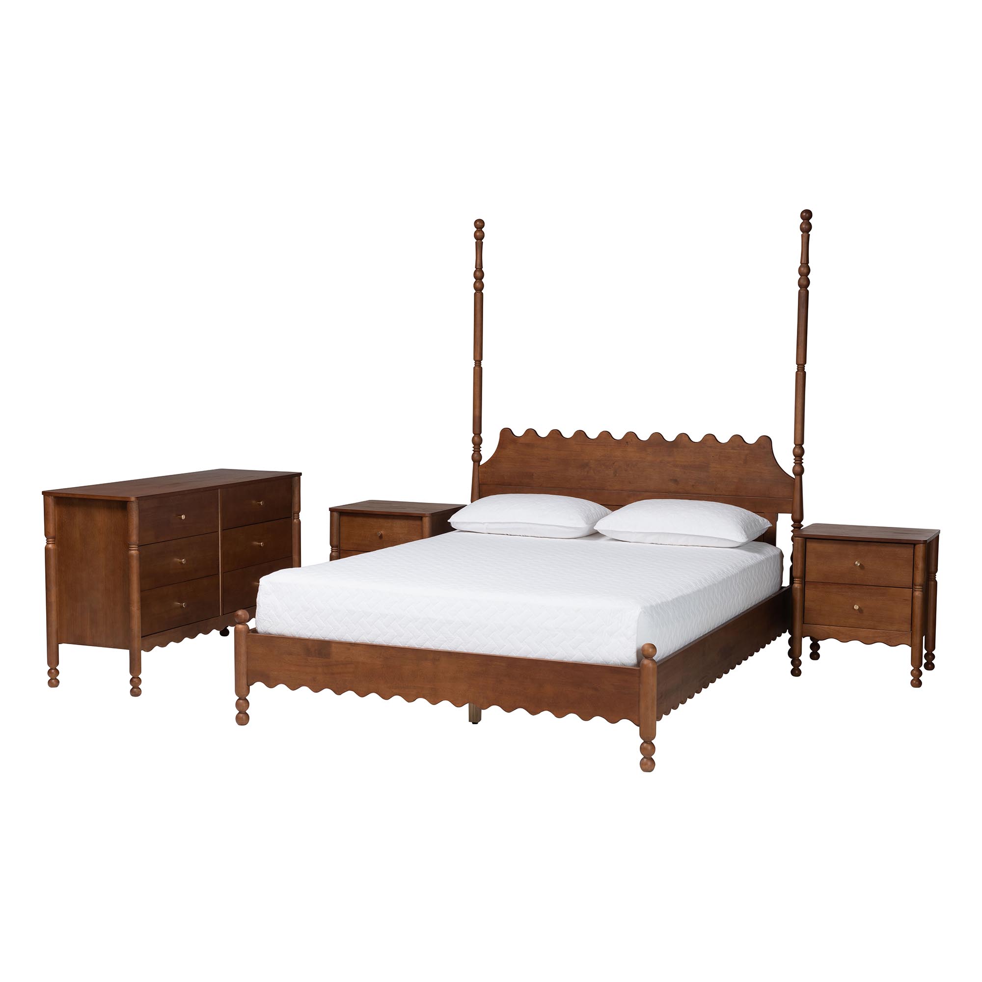 Baxton Studio Hoffman 4-Piece Scalloped Bedroom Set - Farmhouse Bed Frame with Matching Dresser and 2-Drawer Nightstands, Walnut Brown, Queen