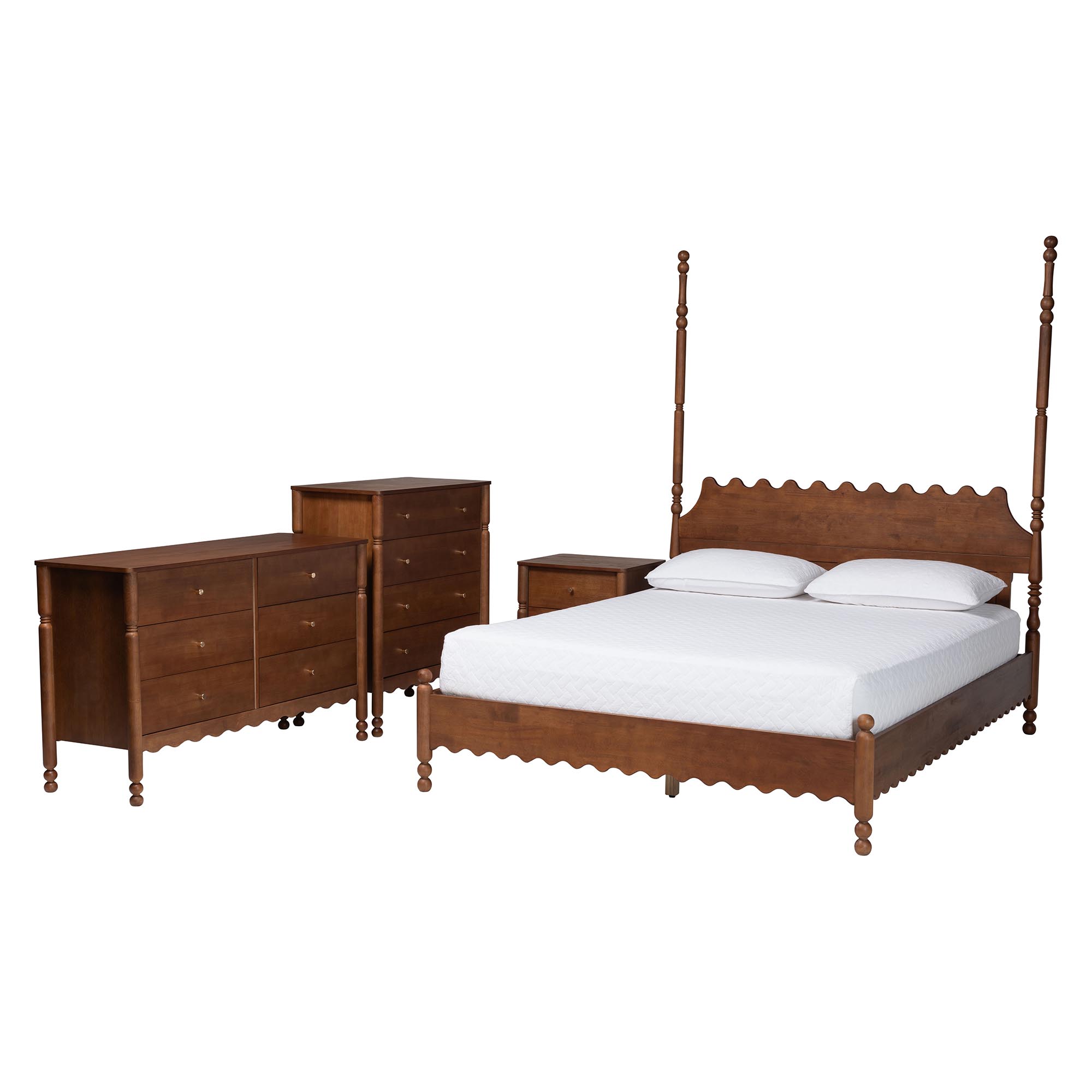 Baxton Studio Hoffman 4-Piece Scalloped Bedroom Set - Farmhouse Bed Frame with Matching Dresser, Chest, and 2-Drawer Nightstand, Walnut Brown, Queen
