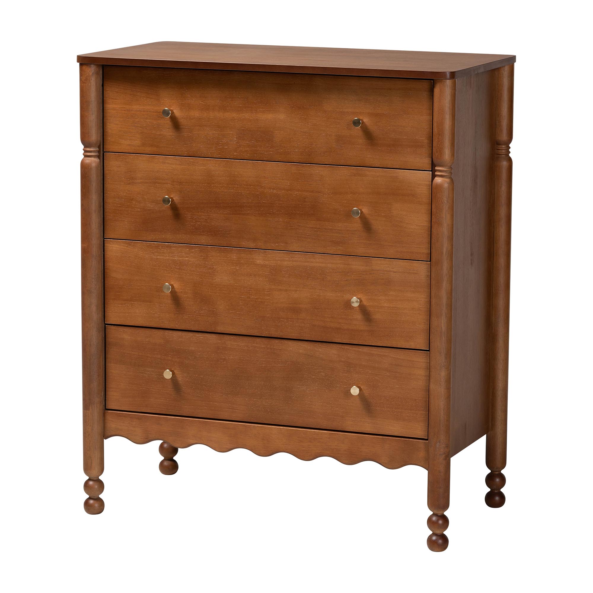 Baxton Studio Hoffman Chest - 4-Drawer Vertical Storage Cabinet with Scalloped Apron and Turned Legs for Bedroom, Walnut Brown
