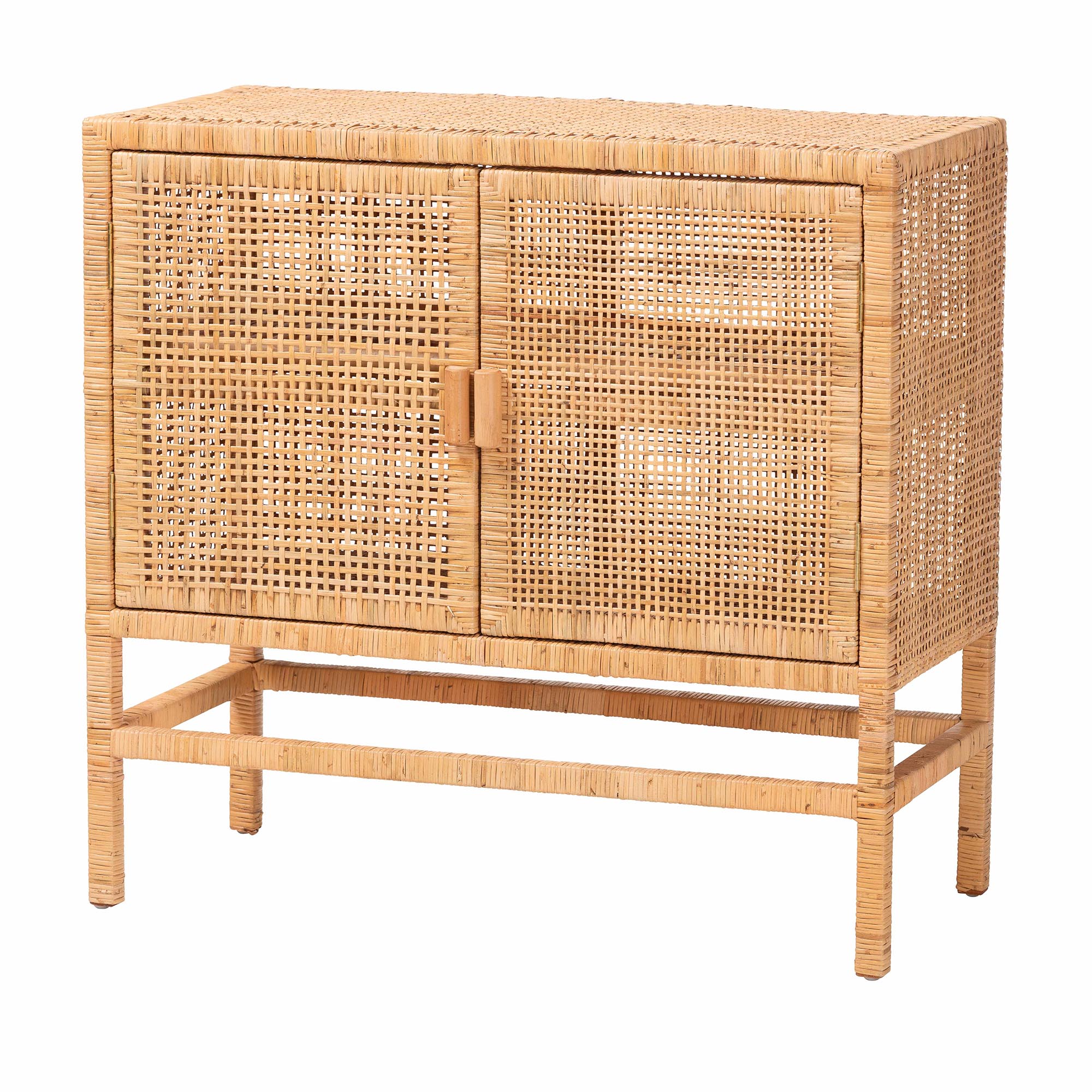 bali & pari Vivan Natural Rattan Storage Cabinet - 2-Tier Handwoven Wicker Accent Cabinet with Double Doors and Elevated Base, Natural Brown