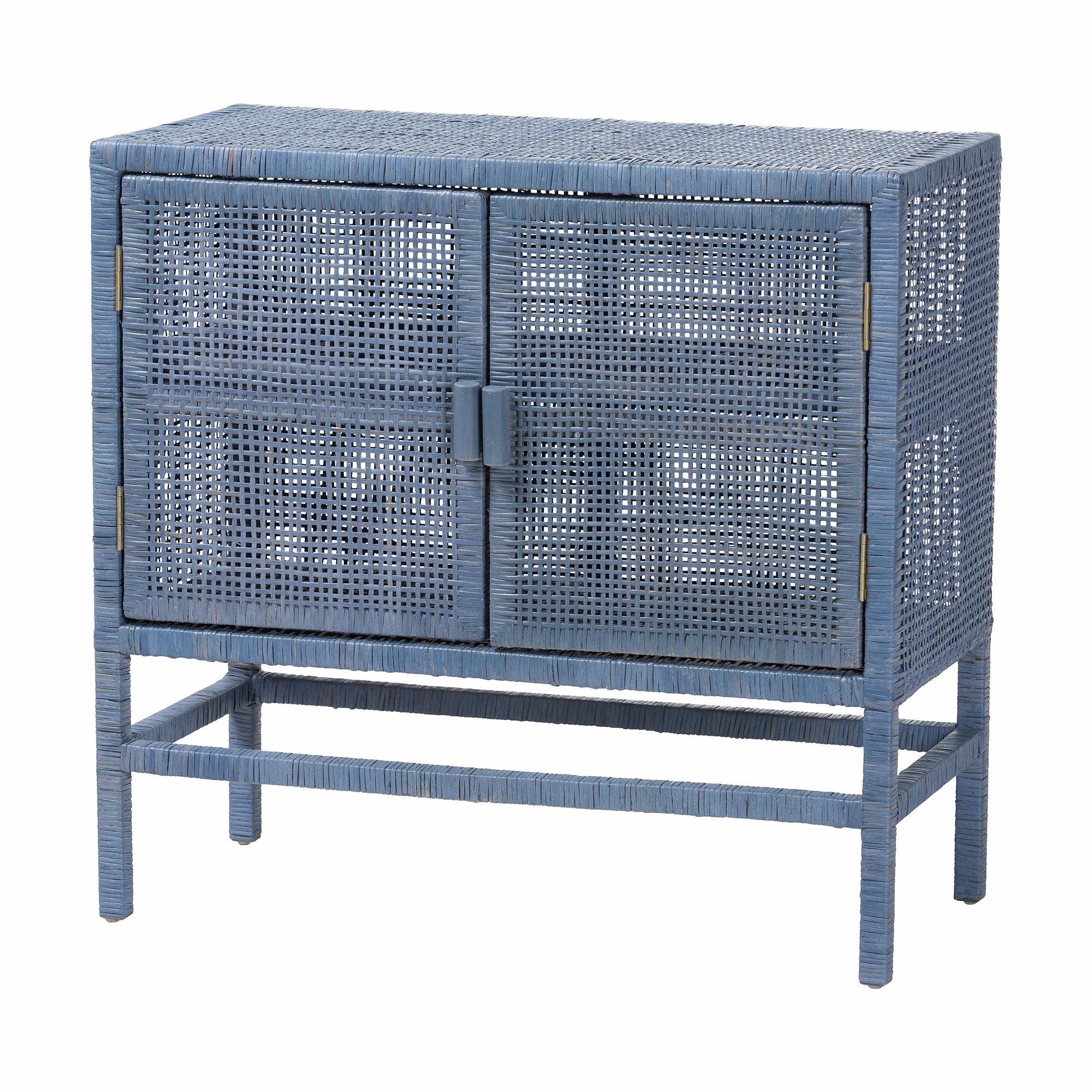 bali & pari Vivan Natural Rattan Storage Cabinet - 2-Tier Handwoven Wicker Accent Cabinet with Double Doors and Elevated Base, Navy Blue