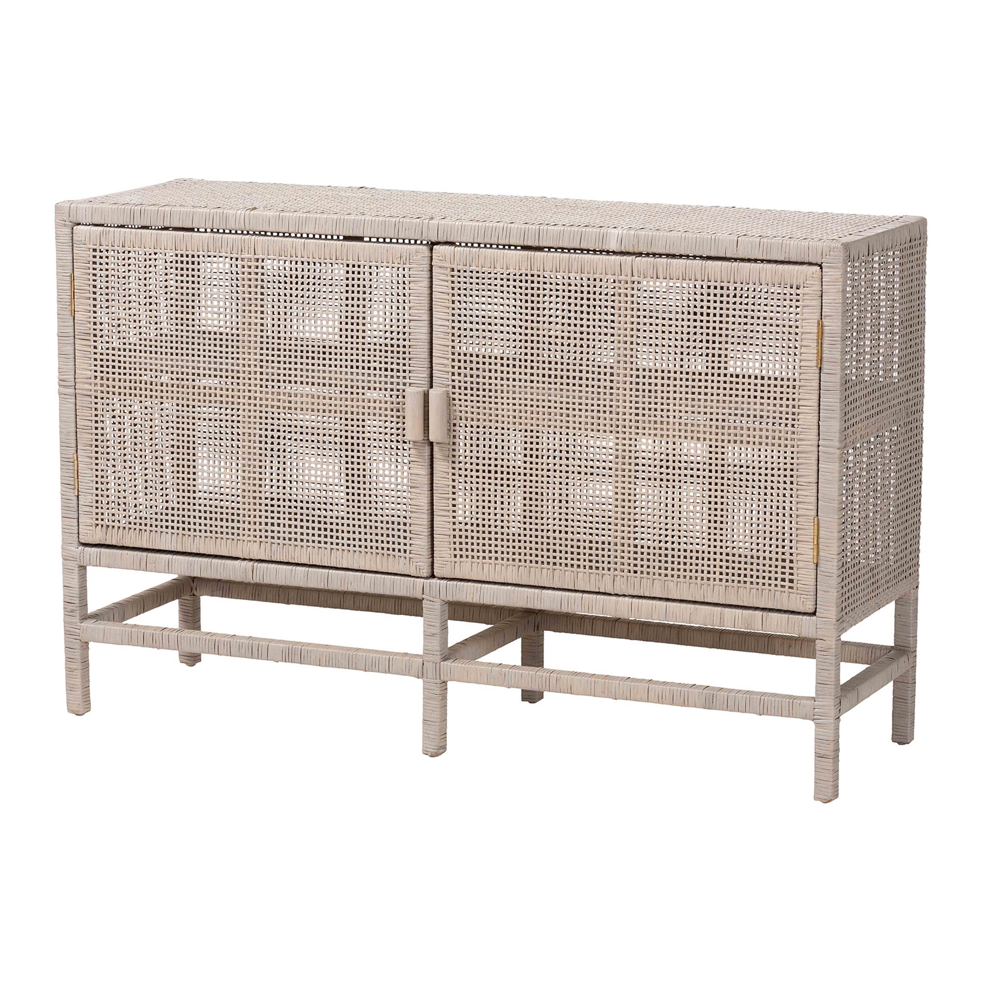 bali & pari Vivan Natural Rattan Storage Cabinet - 2-Tier Handwoven Wicker Accent Cabinet with Double Doors and Elevated Base, French Grey