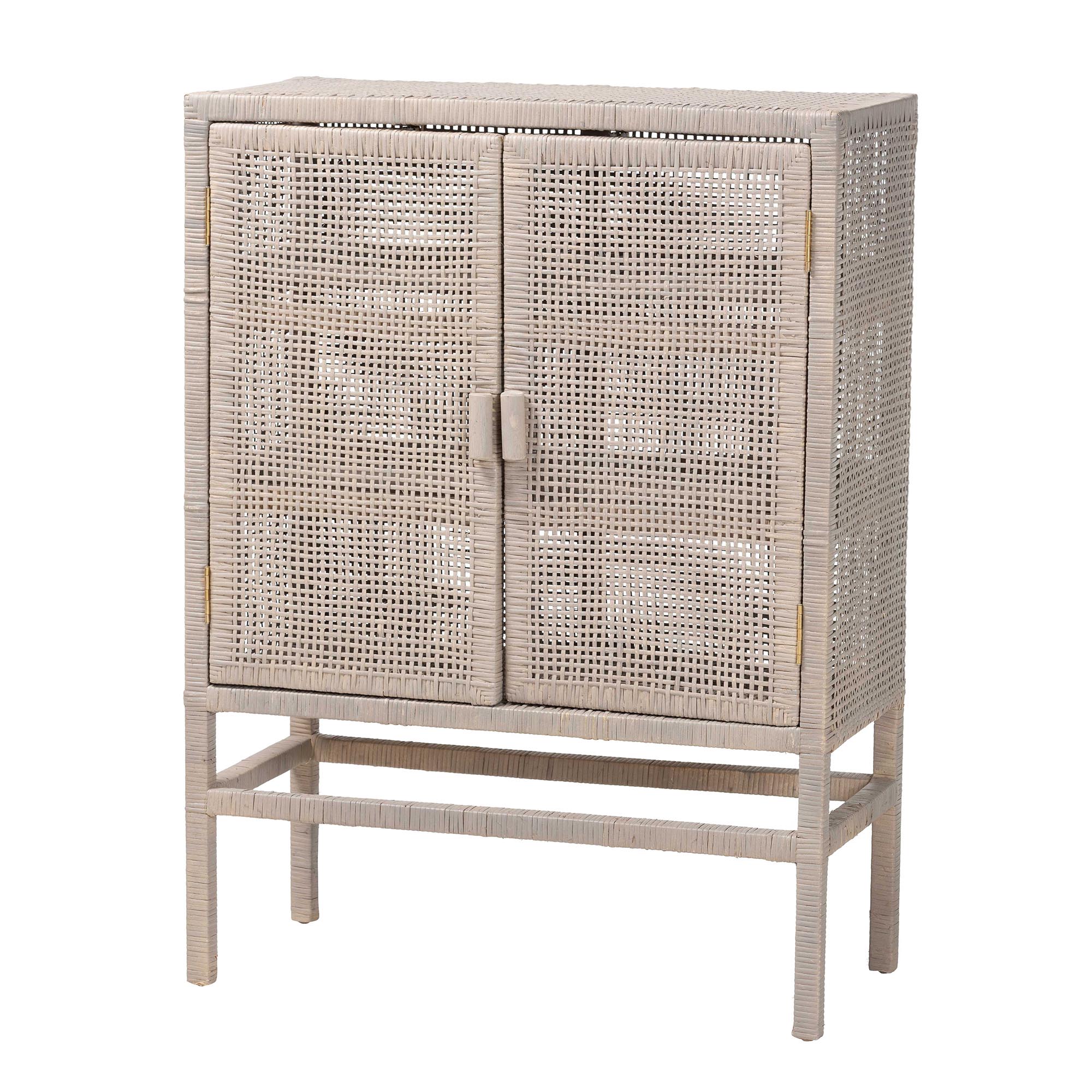 bali & pari Vivan Natural Rattan Storage Cabinet - 3-Tier Handwoven Wicker Accent Cabinet with Double Doors and Elevated Base, French Grey