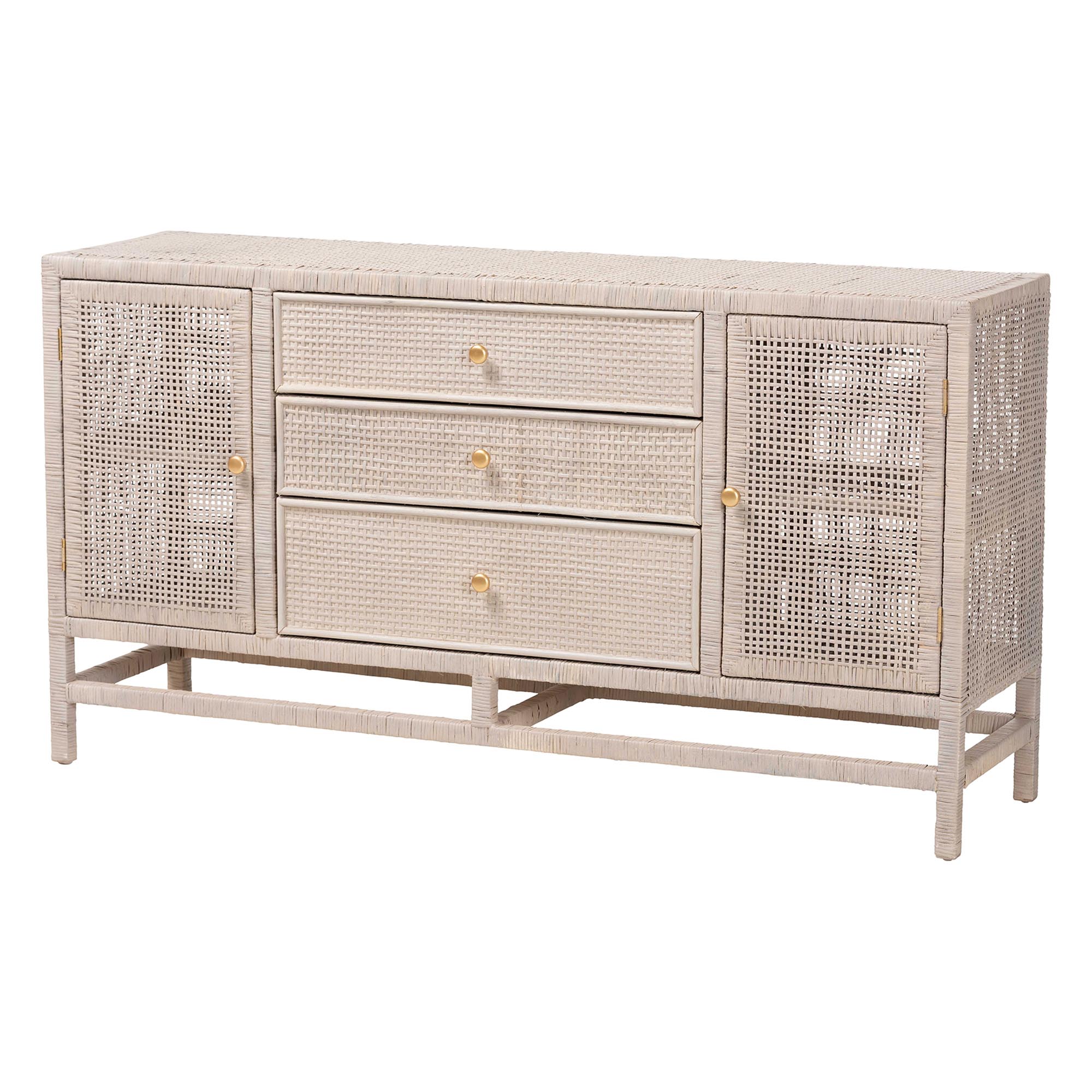 bali & pari Vivan Natural Rattan Storage Cabinet - 3-Drawer Handwoven Wicker Accent Cabinet with Interior Shelving and Elevated Base, French Grey