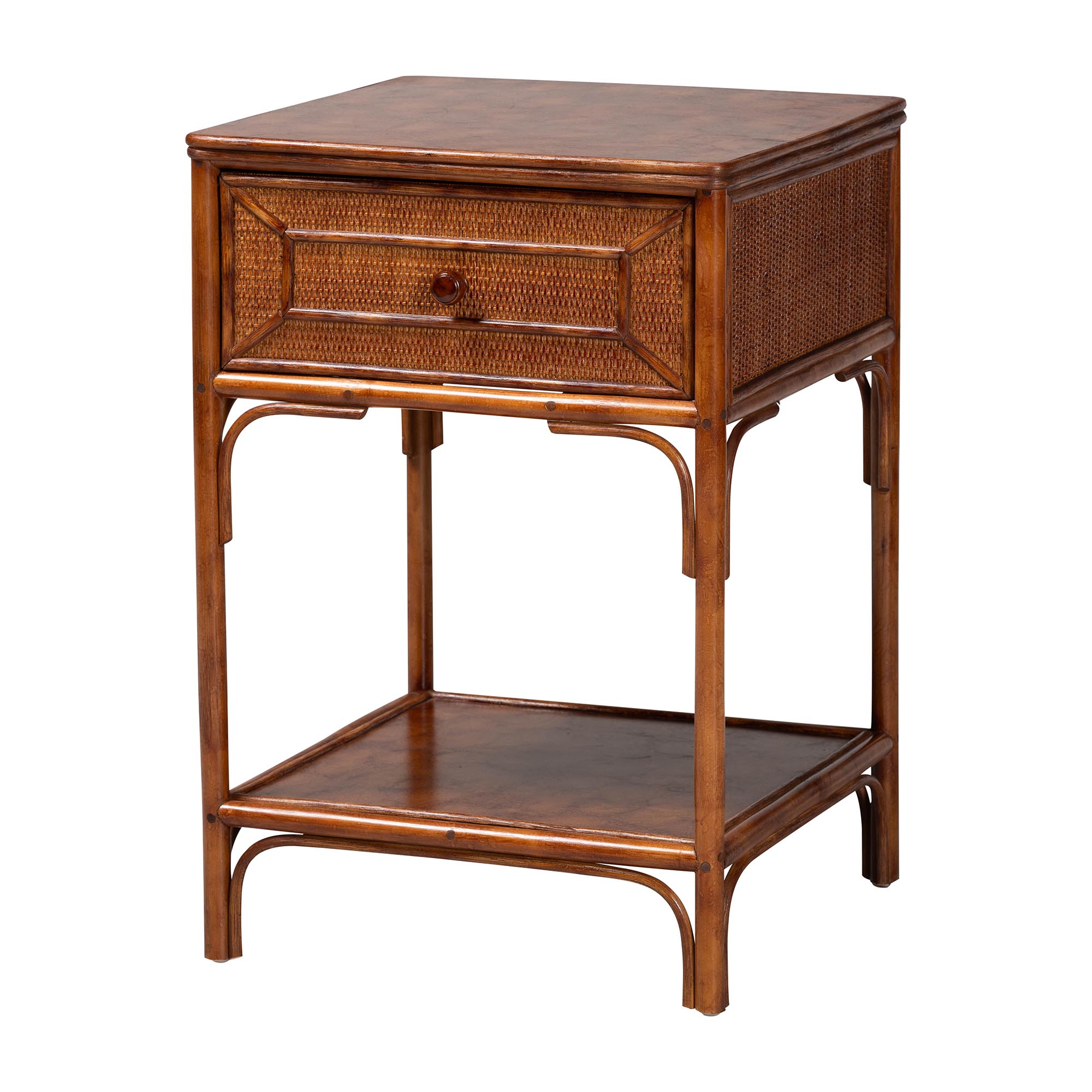 bali & pari Basile Marbled Tortoise Natural Rattan End Table - Handwoven Wicker Accent Table with Geometric Overlay Drawer and Open Shelf for Living Room