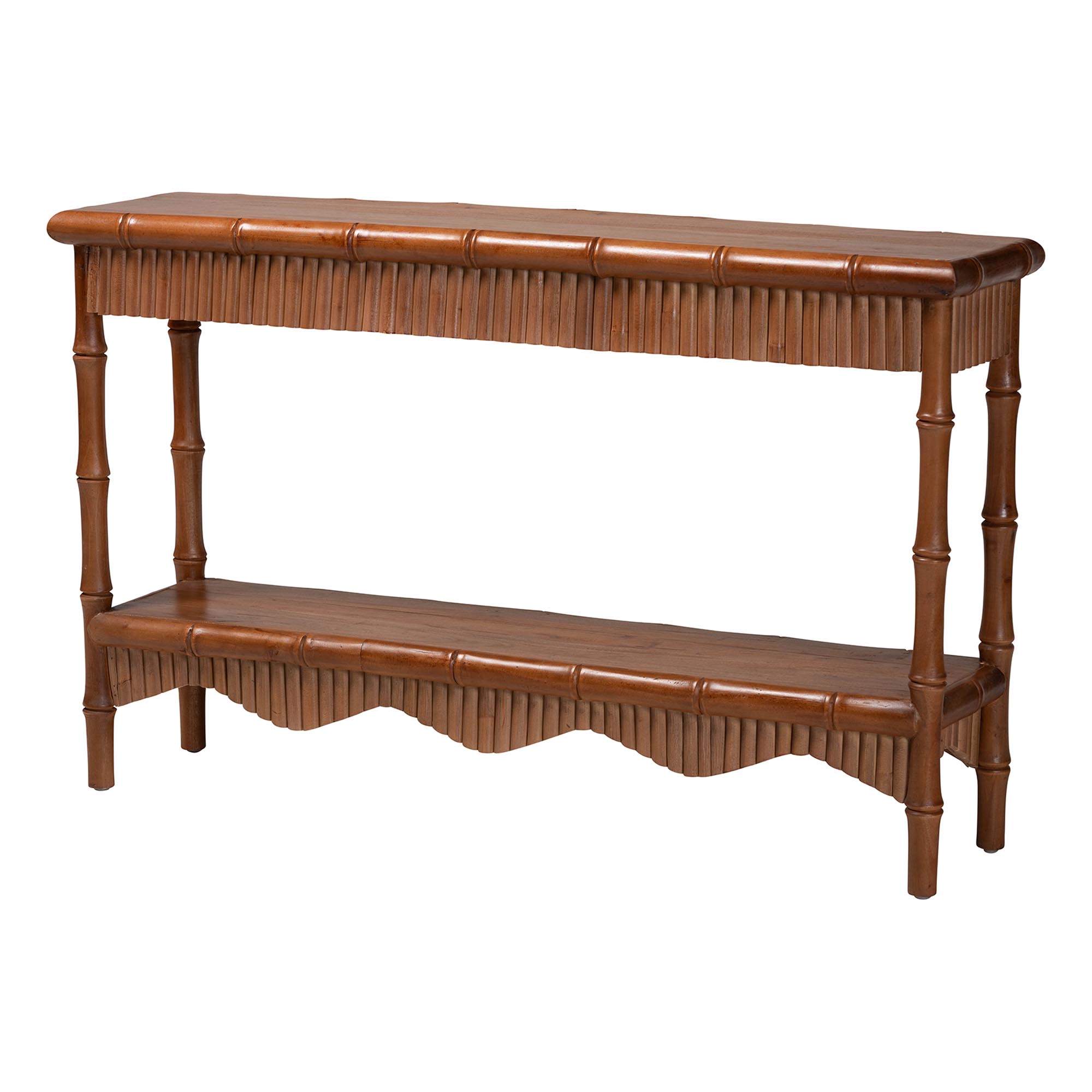 bali & pari Alessa Mahogany Wood Console Table - Fluted Wood Accent Table with Bamboo Motif and Two-Tier Display for Living Room, Entryway, or Hallway, 54 in.